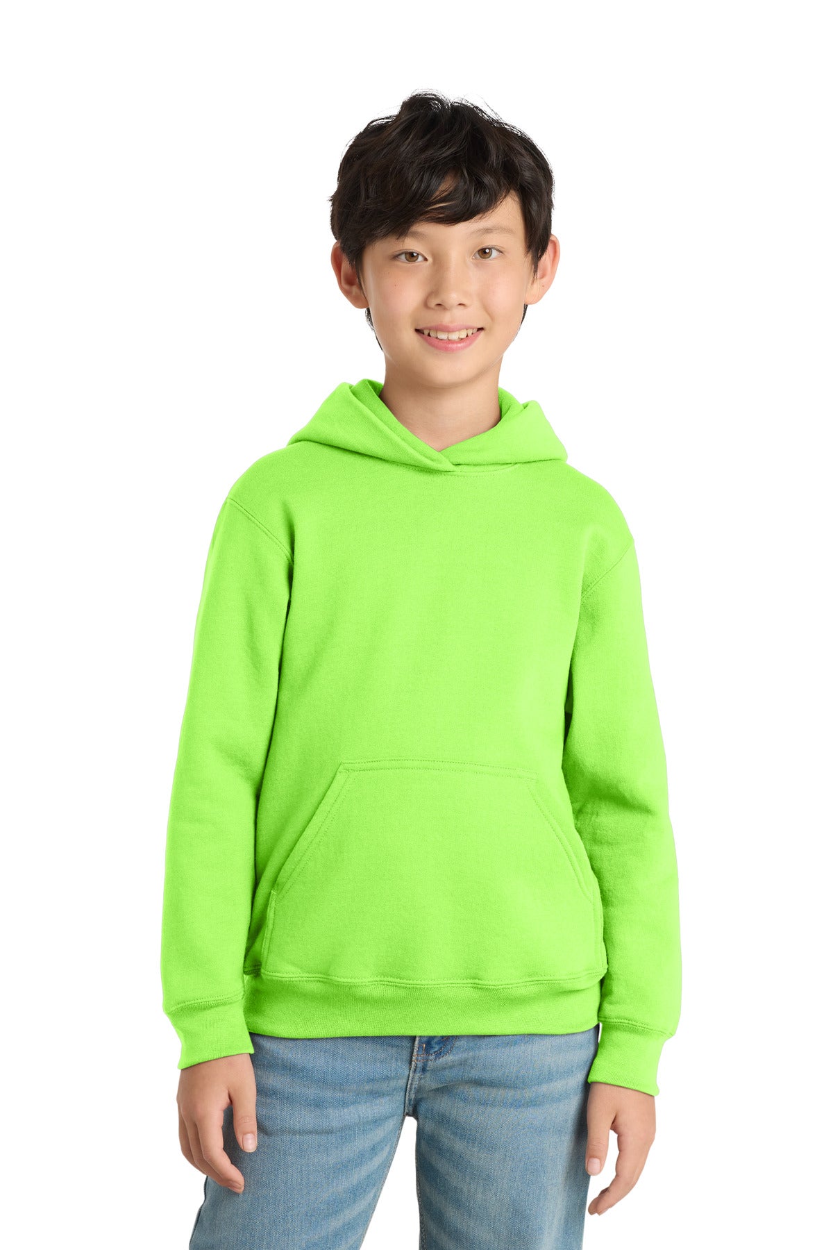 Custom logo Port & Co® Youth Core Fleece Pullover Hooded Sweatshirt PC78YH in Neon Green