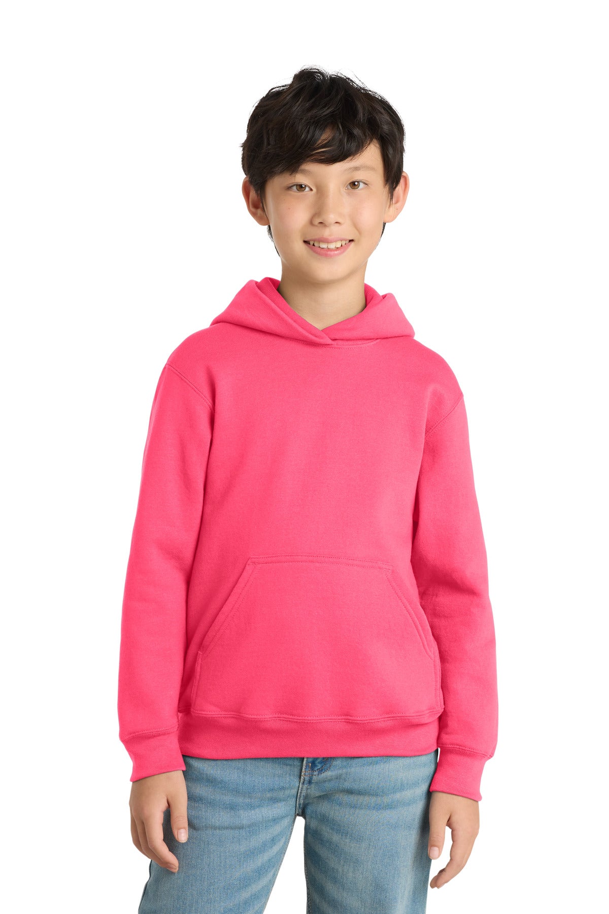 Custom logo Port & Co® Youth Core Fleece Pullover Hooded Sweatshirt PC78YH in Neon Pink