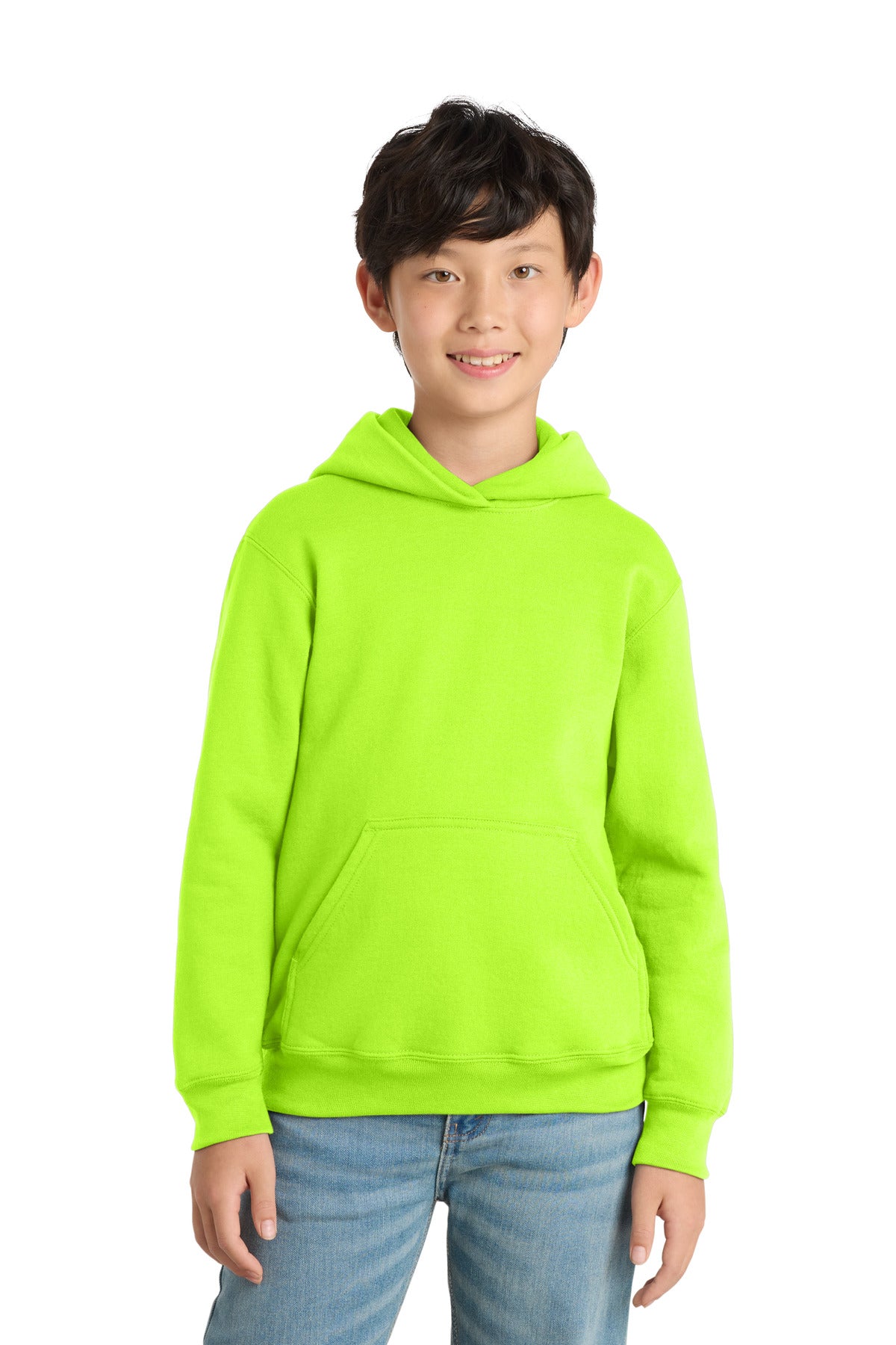 Custom logo Port & Co® Youth Core Fleece Pullover Hooded Sweatshirt PC78YH in Neon Yellow