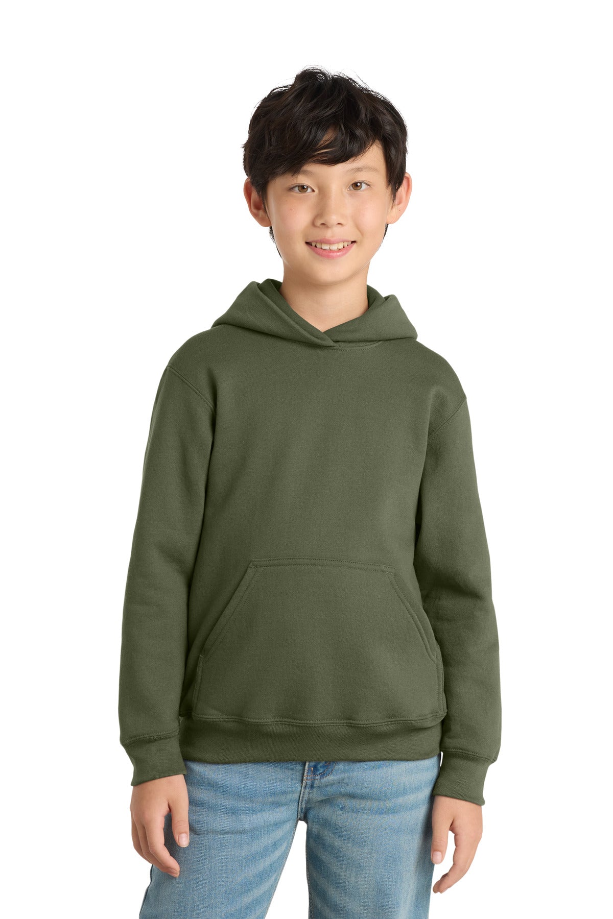 Custom logo Port & Co® Youth Core Fleece Pullover Hooded Sweatshirt PC78YH in Olive Drab Green
