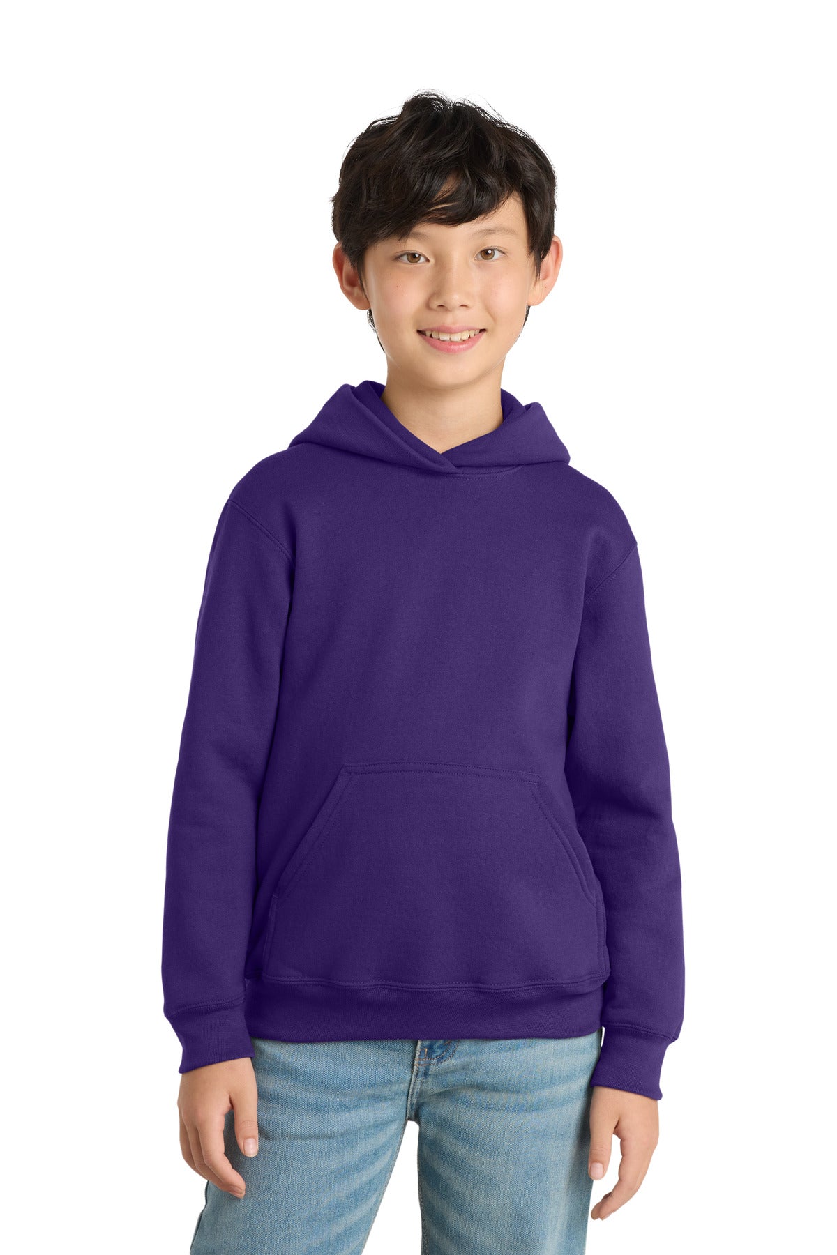 Custom logo Port & Co® Youth Core Fleece Pullover Hooded Sweatshirt PC78YH in Team Purple