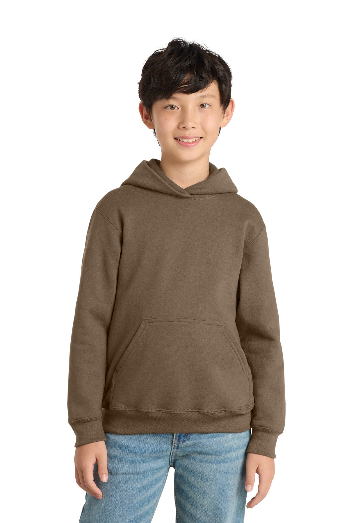 Custom logo Port & Co® Youth Core Fleece Pullover Hooded Sweatshirt PC78YH in Woodland Brown
