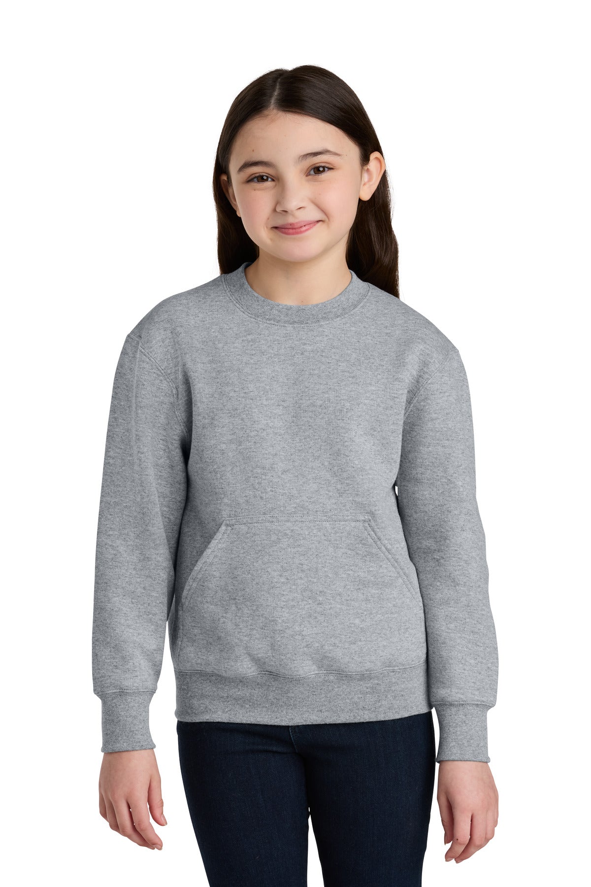 Custom logo Port & Co® Youth Core Fleece Crewneck Pocket Sweatshirt PC78YPKT in Athletic Heather