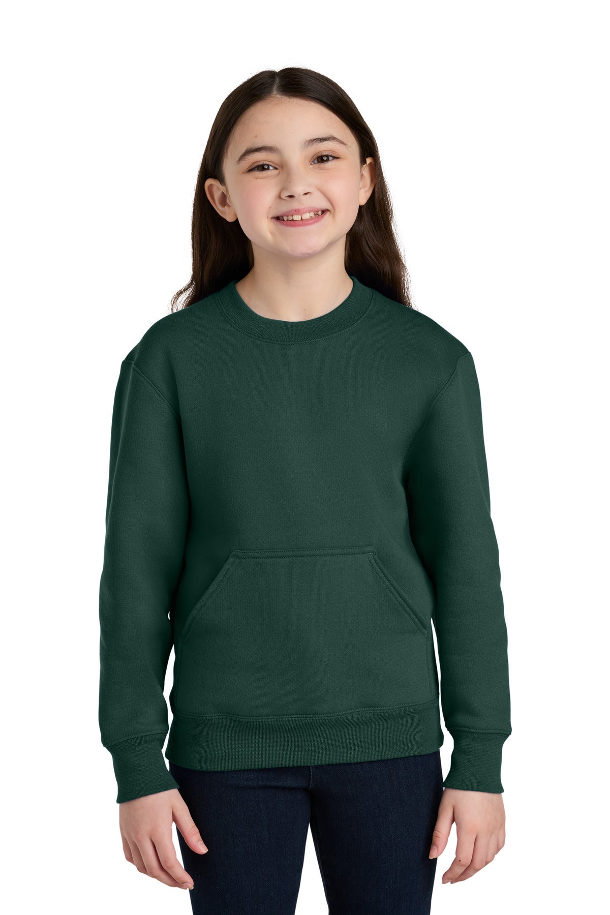 Custom logo Port & Co® Youth Core Fleece Crewneck Pocket Sweatshirt PC78YPKT in Dark Green