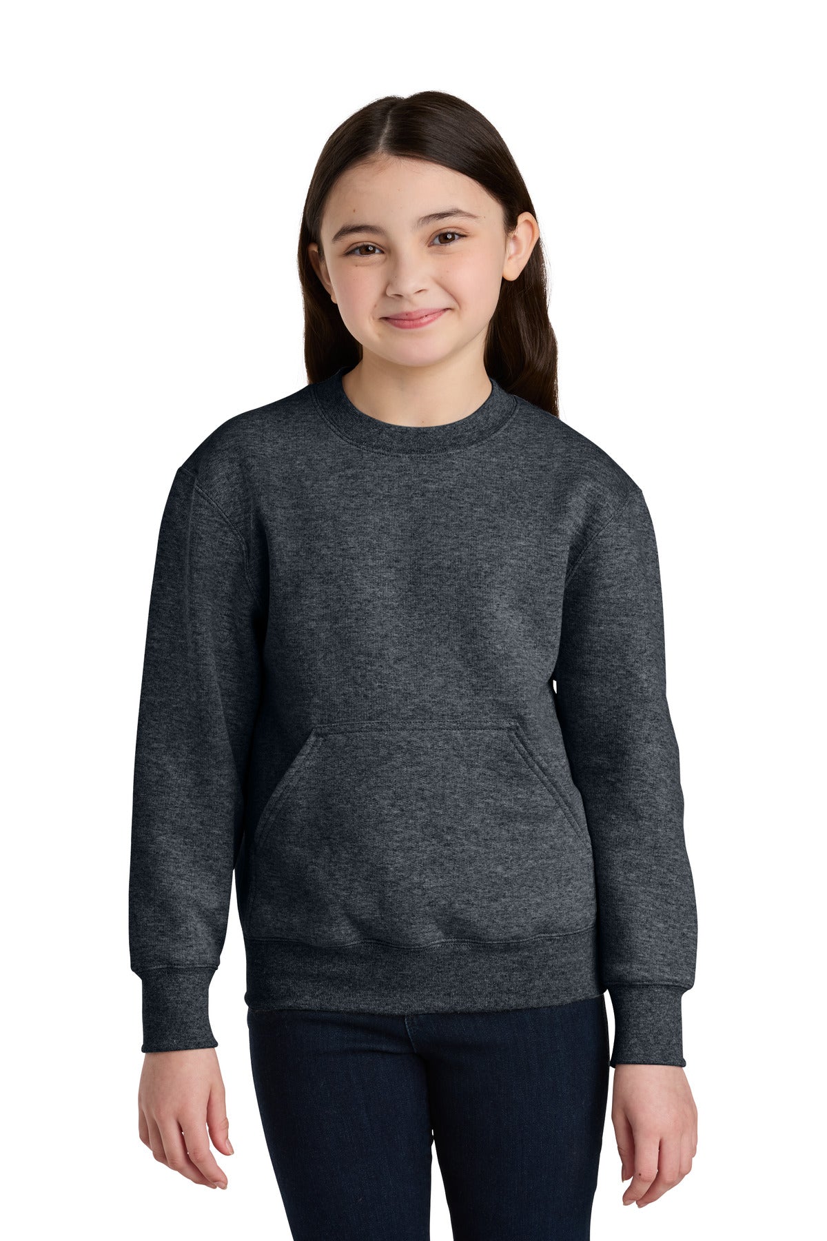 Custom logo Port & Co® Youth Core Fleece Crewneck Pocket Sweatshirt PC78YPKT in Dark Heather Grey