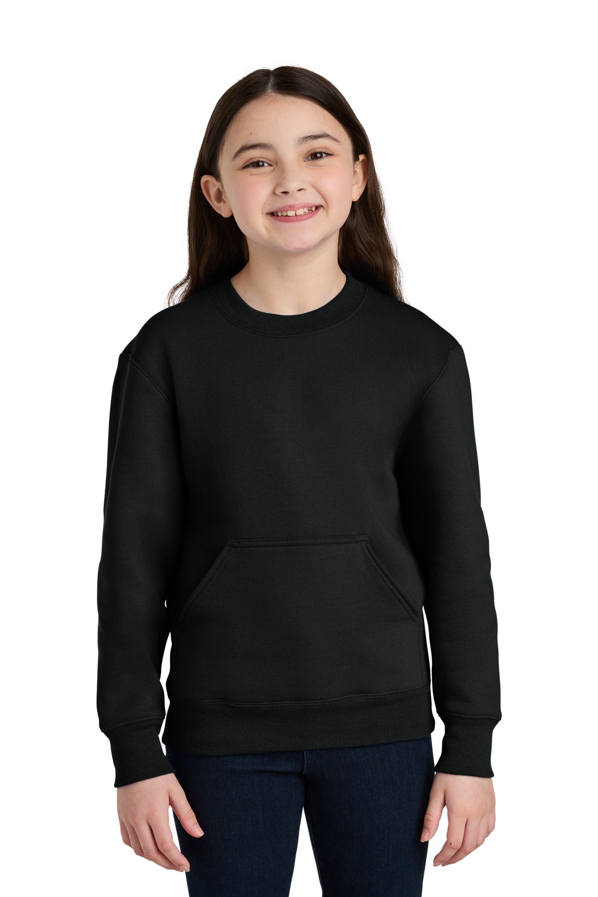 Custom logo Port & Co® Youth Core Fleece Crewneck Pocket Sweatshirt PC78YPKT in Jet Black