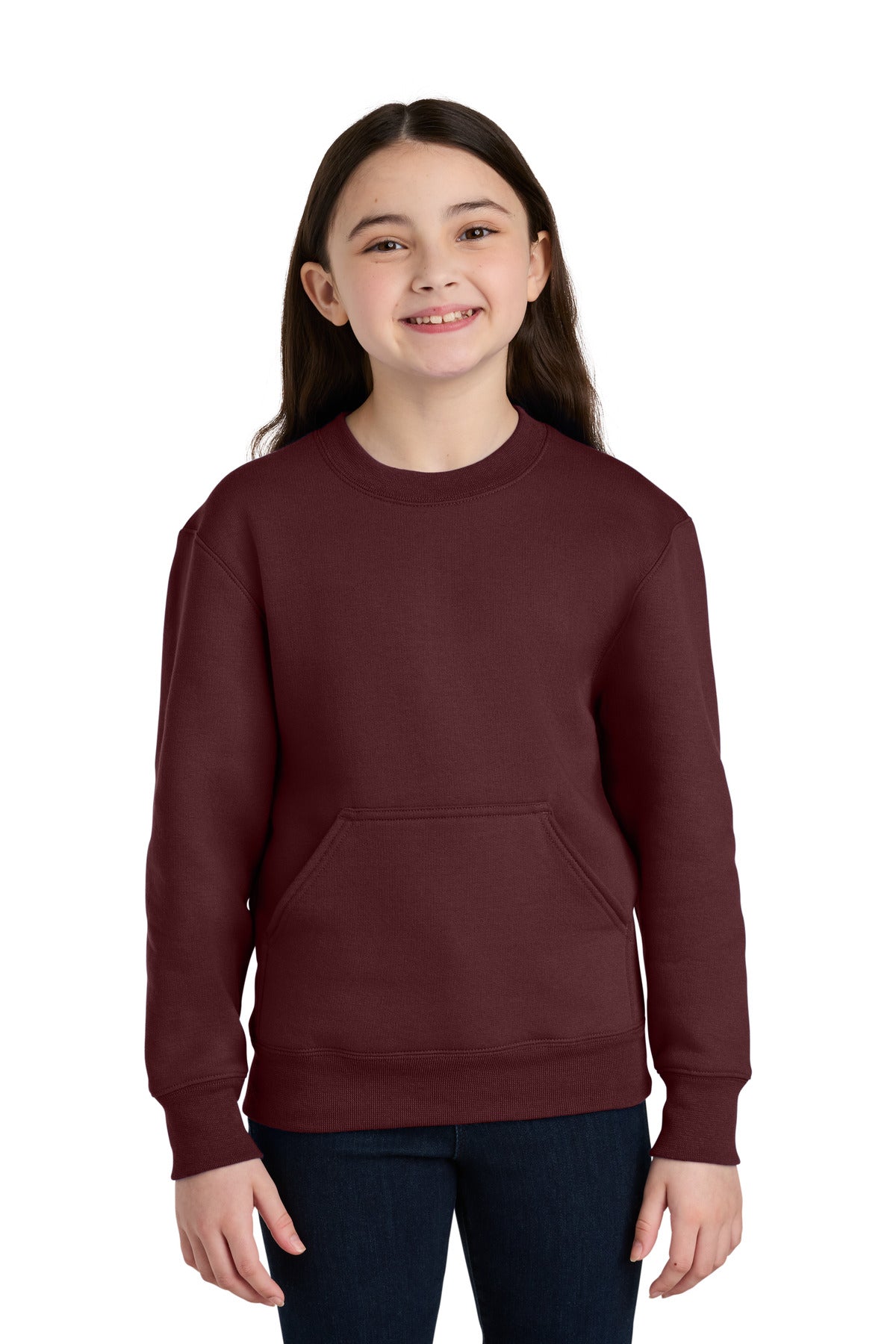 Custom logo Port & Co® Youth Core Fleece Crewneck Pocket Sweatshirt PC78YPKT in Maroon