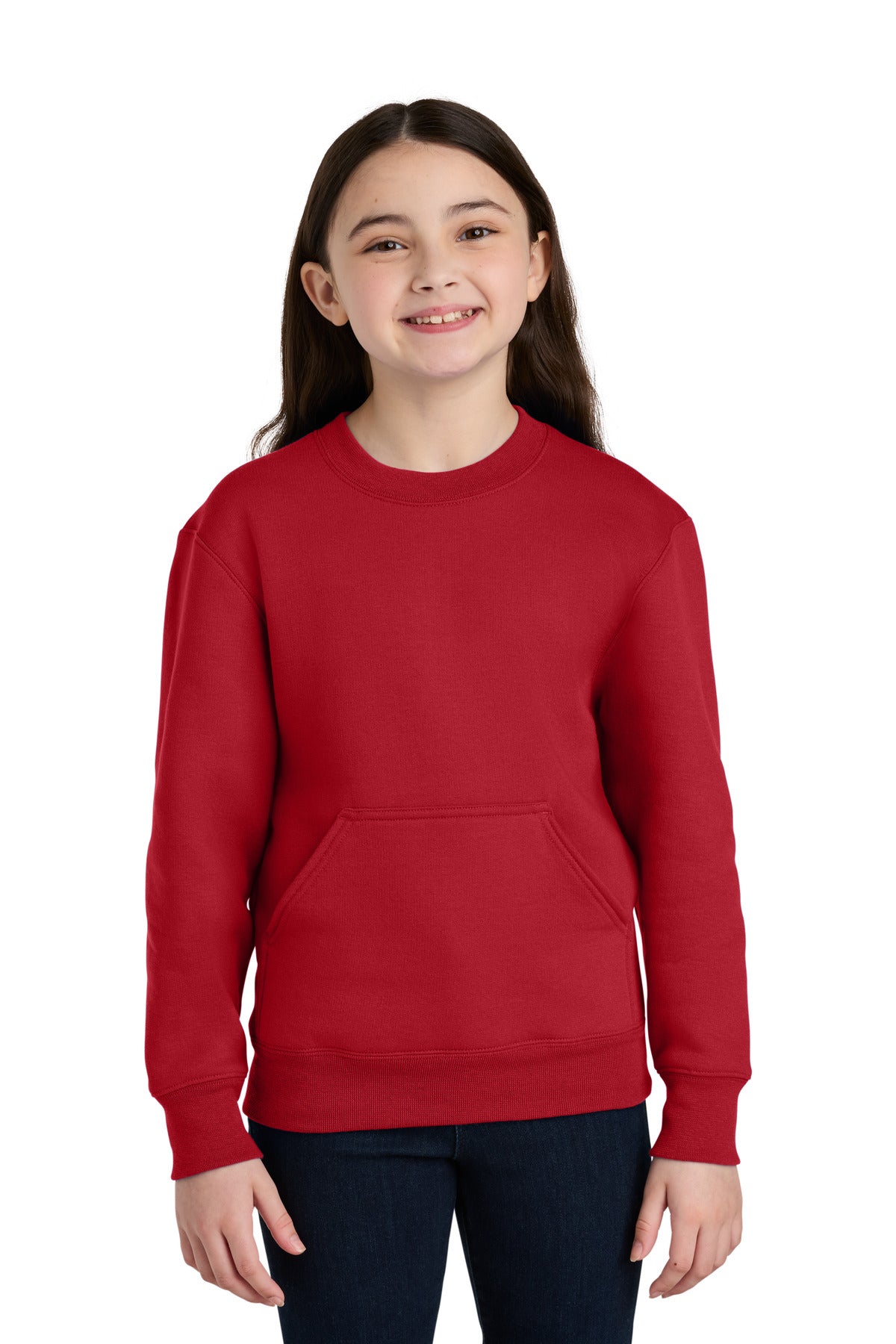 Custom logo Port & Co® Youth Core Fleece Crewneck Pocket Sweatshirt PC78YPKT in Red