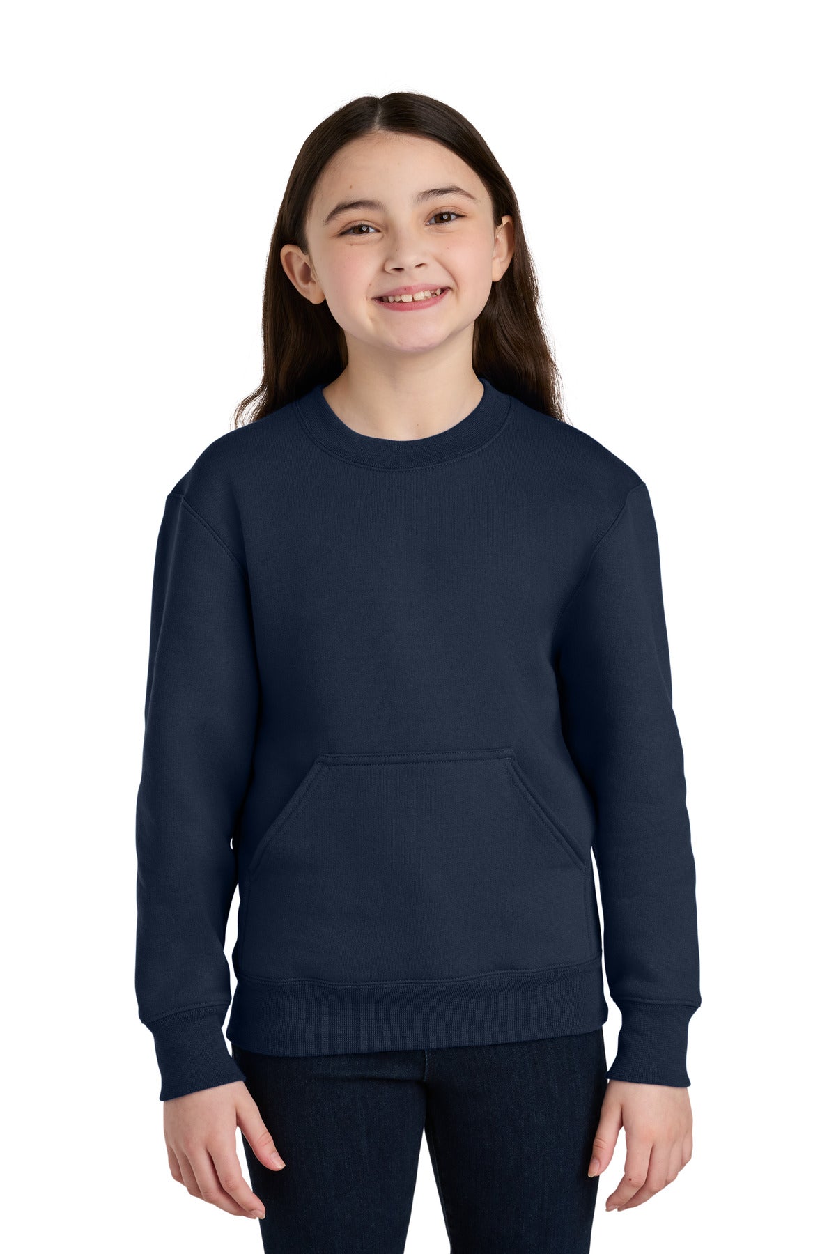 Custom logo Port & Co® Youth Core Fleece Crewneck Pocket Sweatshirt PC78YPKT in True Navy