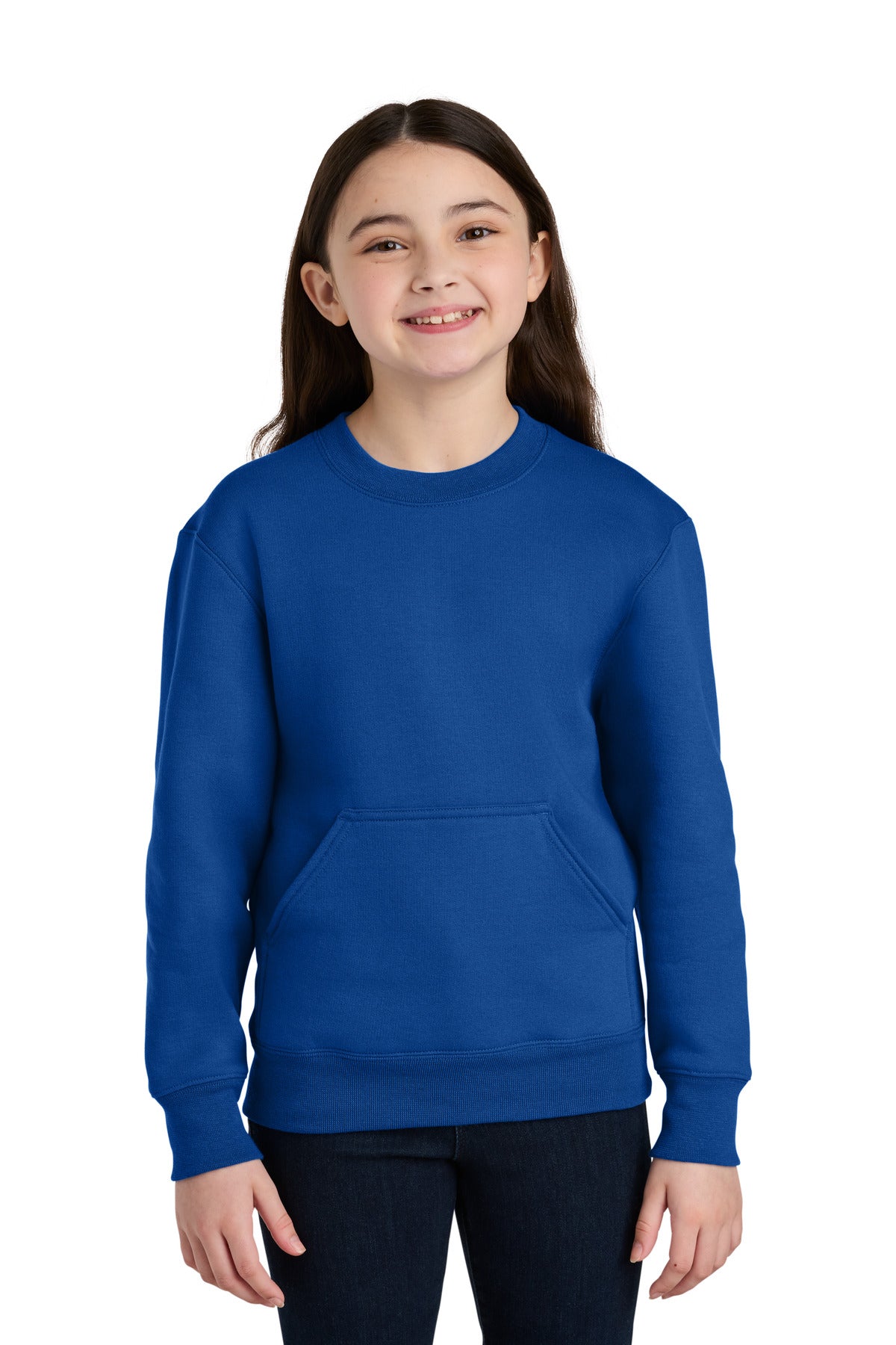 Custom logo Port & Co® Youth Core Fleece Crewneck Pocket Sweatshirt PC78YPKT in True Royal
