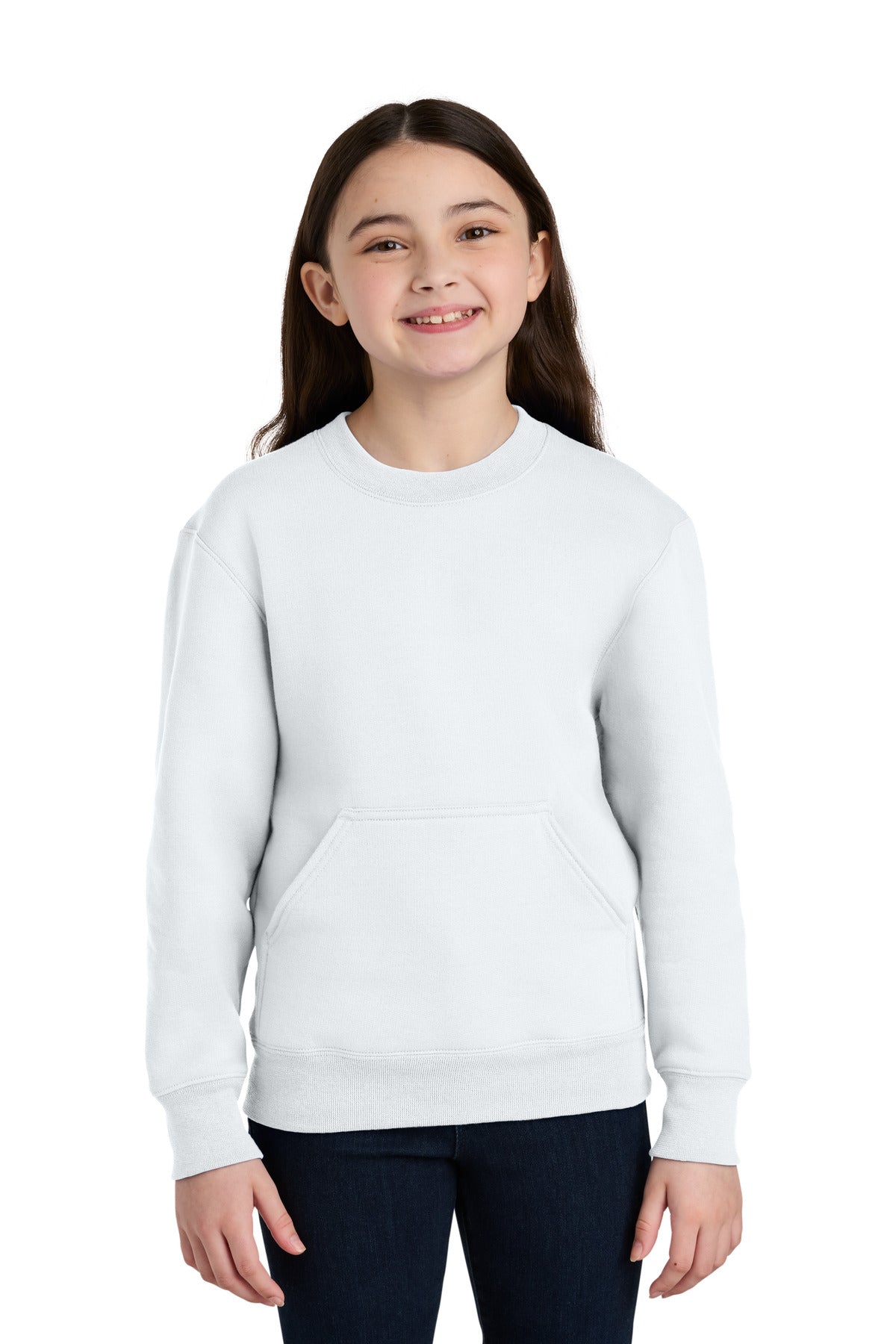 Custom logo Port & Co® Youth Core Fleece Crewneck Pocket Sweatshirt PC78YPKT in White