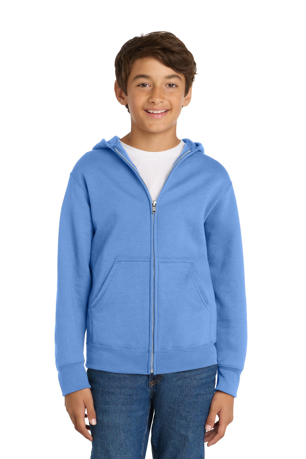 Custom logo Port & Co® Youth Core Fleece Full-Zip Hooded Sweatshirt PC78YZH in Carolina Blue