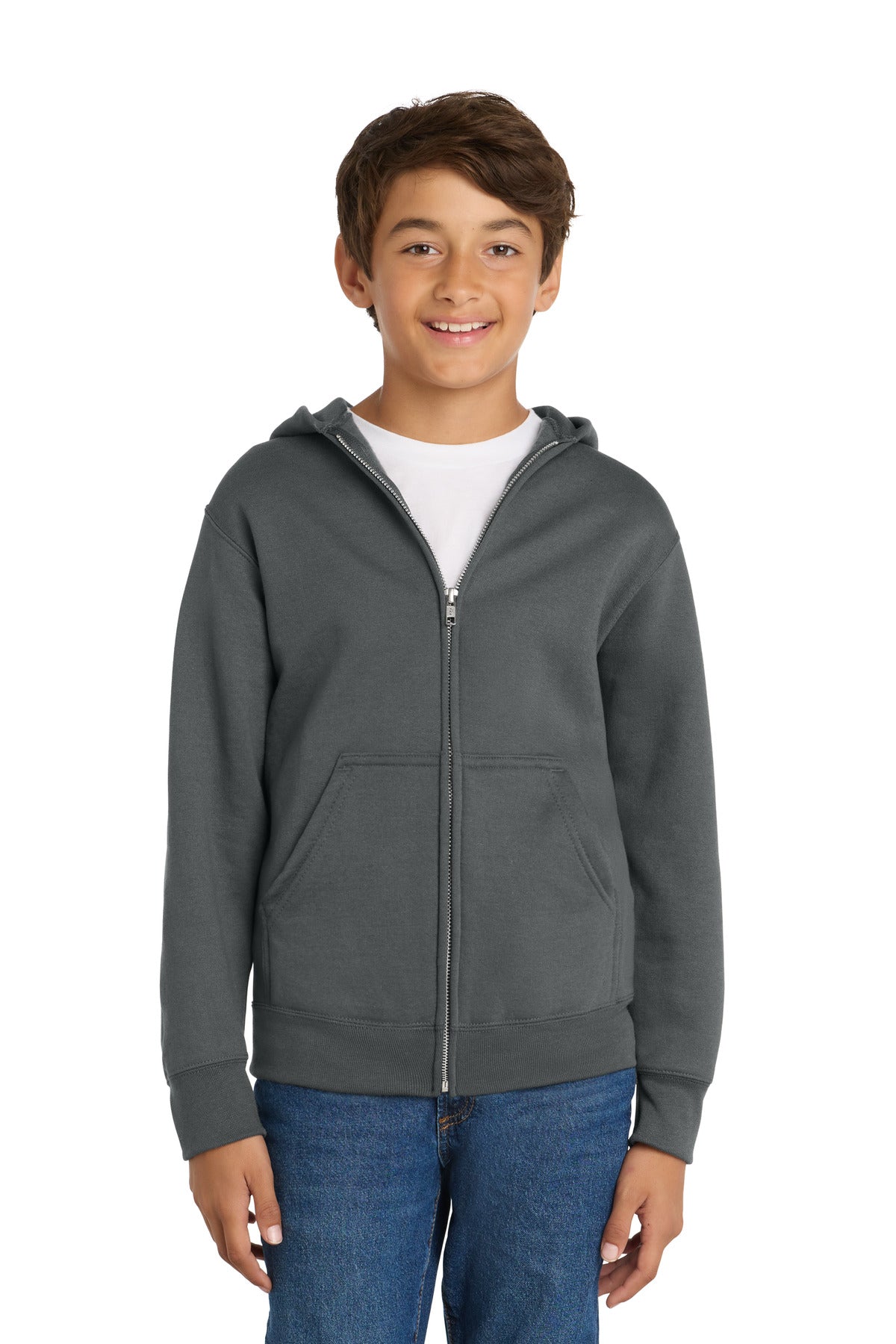 Custom logo Port & Co® Youth Core Fleece Full-Zip Hooded Sweatshirt PC78YZH in Charcoal