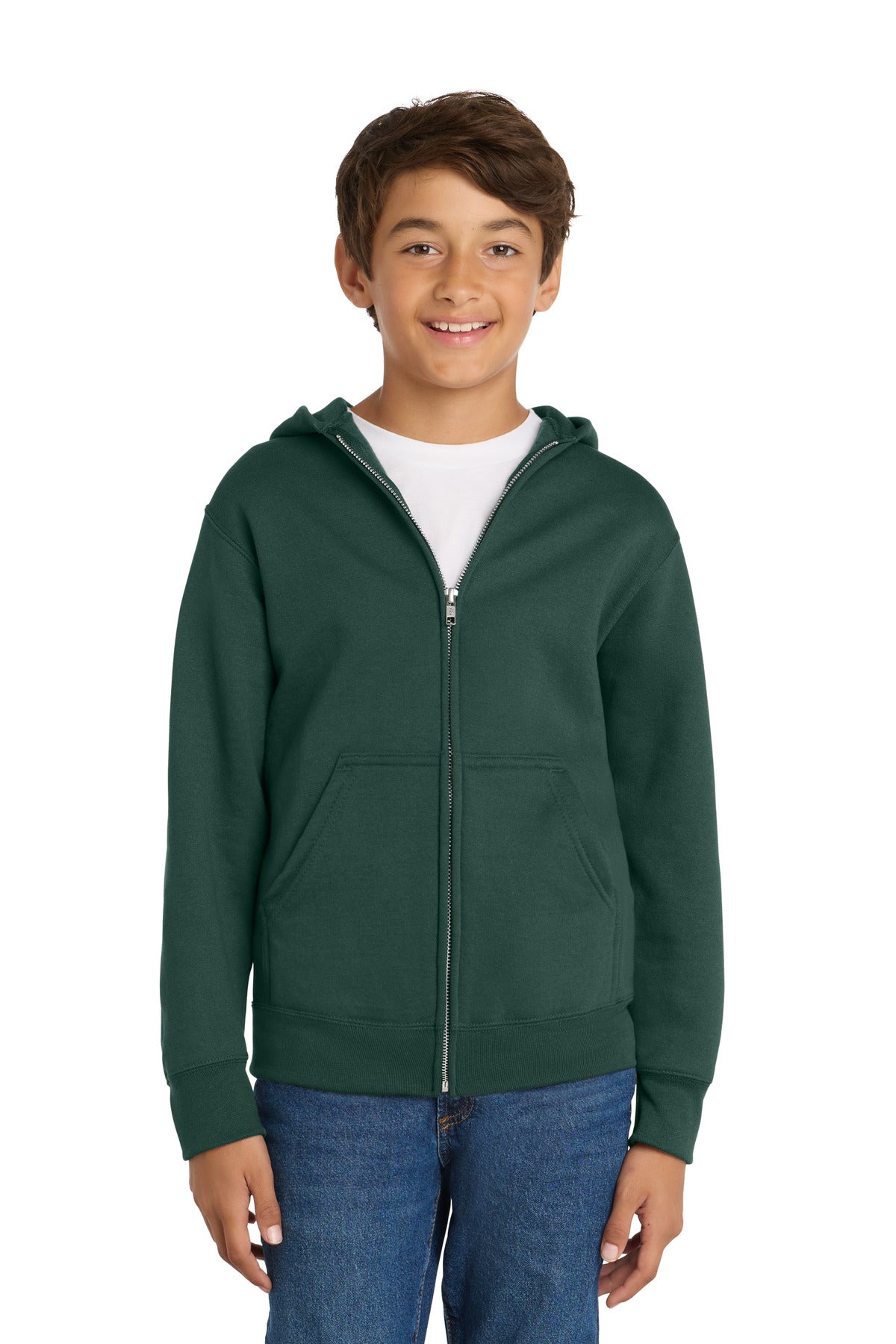 Custom logo Port & Co® Youth Core Fleece Full-Zip Hooded Sweatshirt PC78YZH in Dark Green