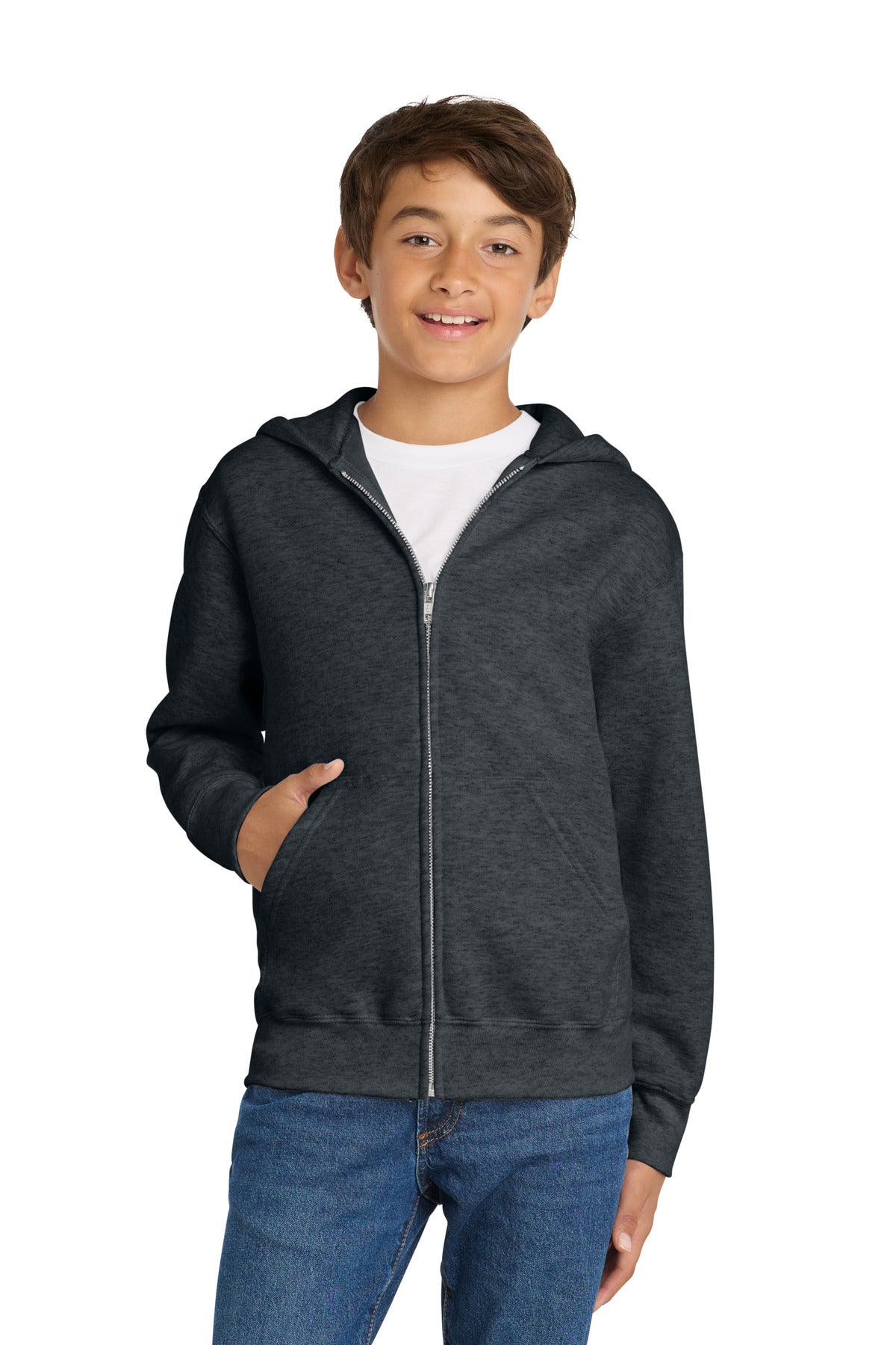 Custom logo Port & Co® Youth Core Fleece Full-Zip Hooded Sweatshirt PC78YZH in Dark Heather Grey