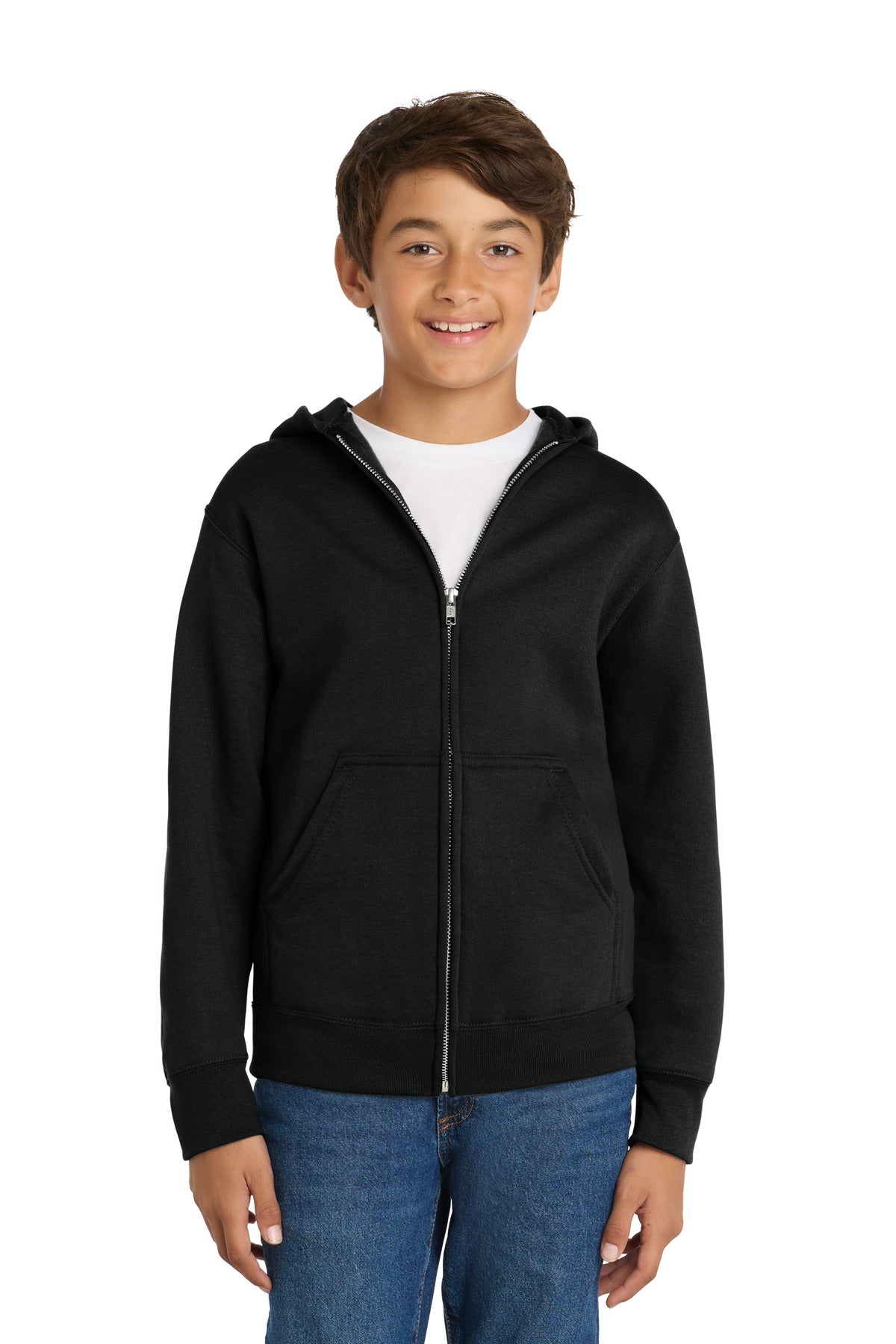 Custom logo Port & Co® Youth Core Fleece Full-Zip Hooded Sweatshirt PC78YZH in Jet Black