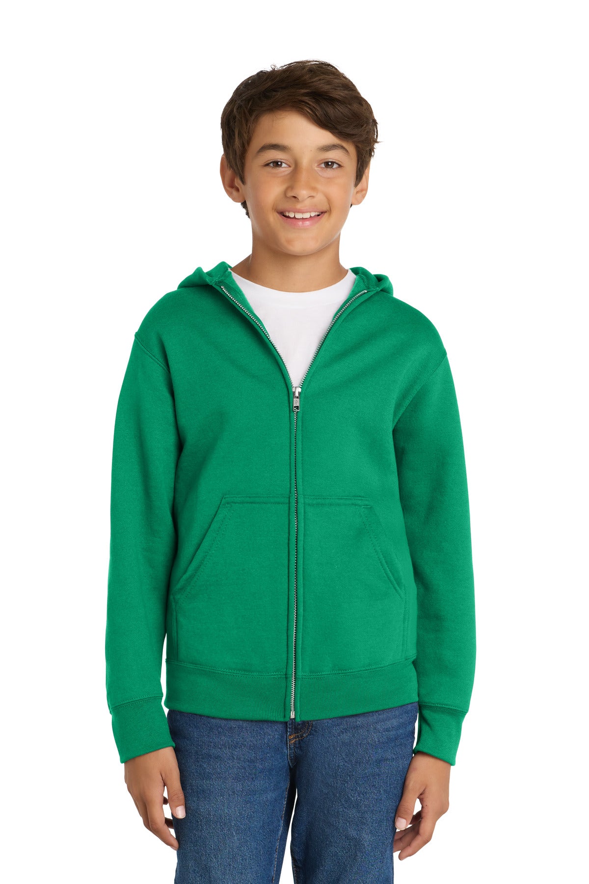 Custom logo Port & Co® Youth Core Fleece Full-Zip Hooded Sweatshirt PC78YZH in Kelly