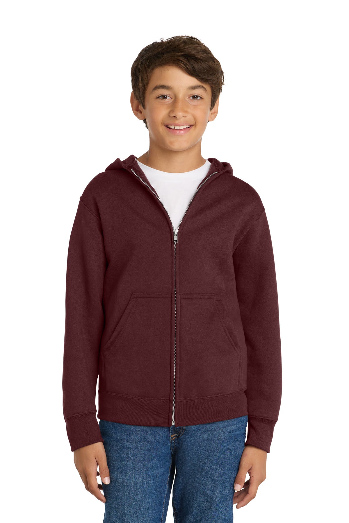 Custom logo Port & Co® Youth Core Fleece Full-Zip Hooded Sweatshirt PC78YZH in Maroon