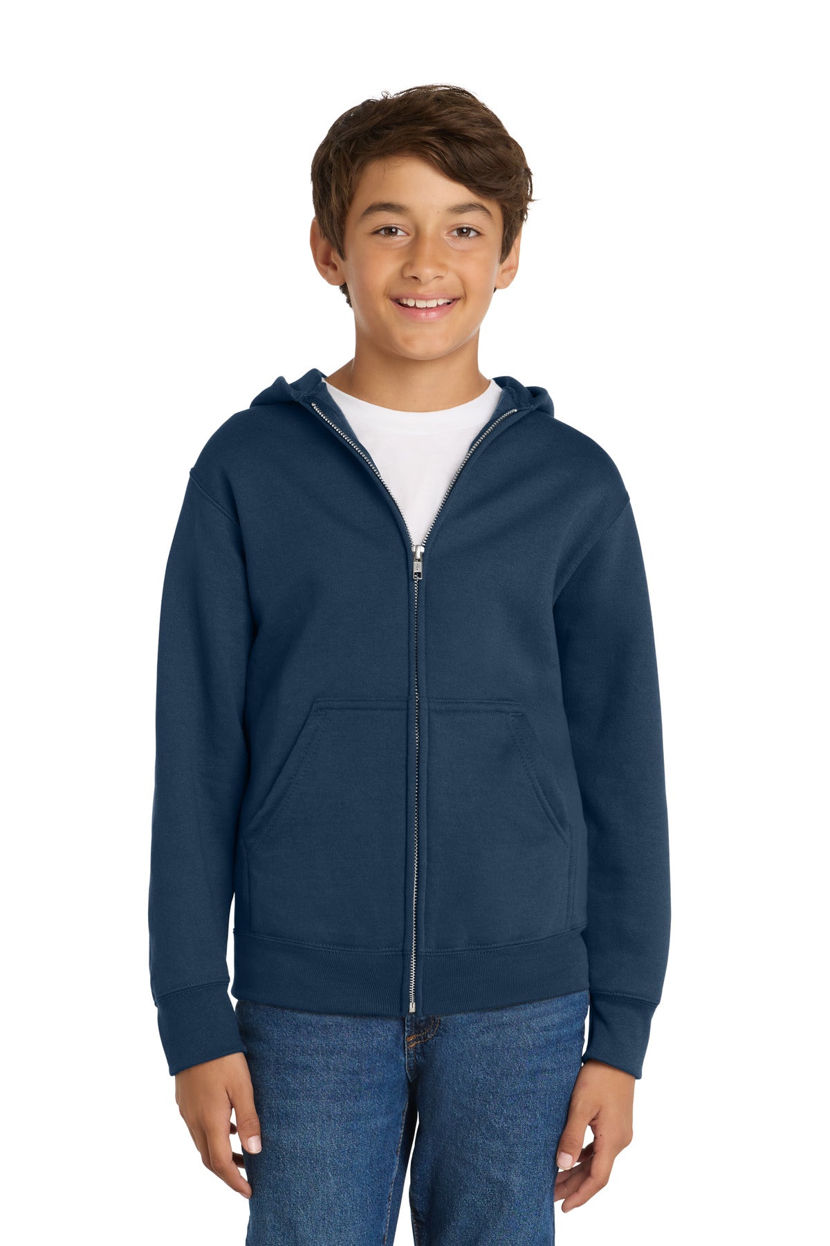 Custom logo Port & Co® Youth Core Fleece Full-Zip Hooded Sweatshirt PC78YZH in Navy