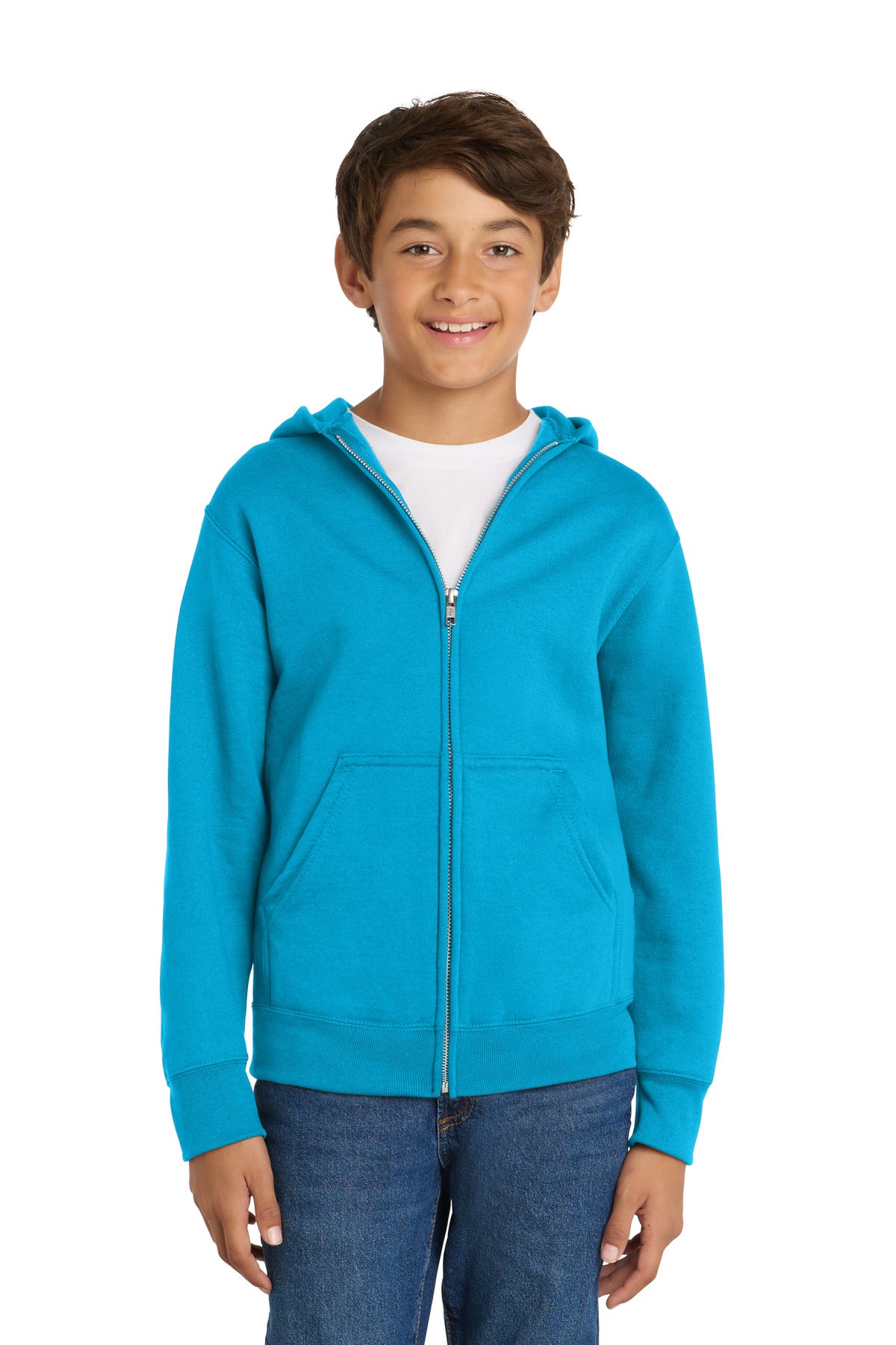 Custom logo Port & Co® Youth Core Fleece Full-Zip Hooded Sweatshirt PC78YZH in Neon Blue