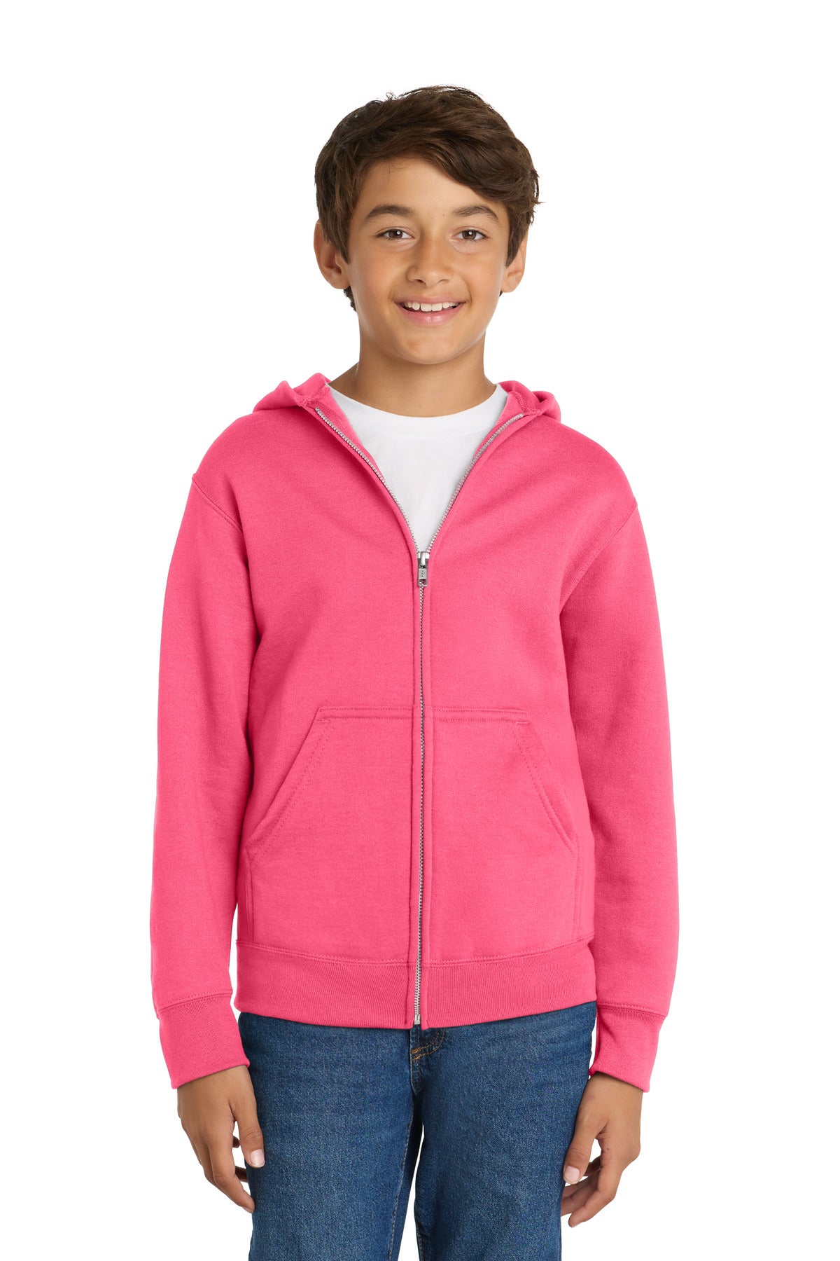 Custom logo Port & Co® Youth Core Fleece Full-Zip Hooded Sweatshirt PC78YZH in Neon Pink