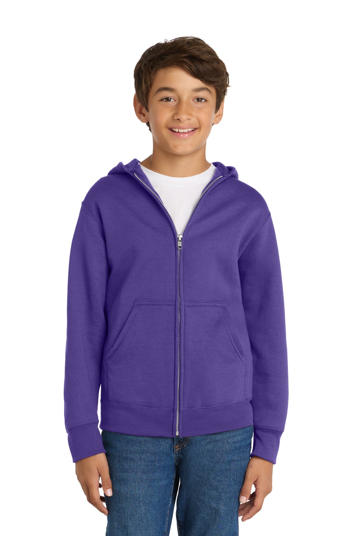 Custom logo Port & Co® Youth Core Fleece Full-Zip Hooded Sweatshirt PC78YZH in Purple