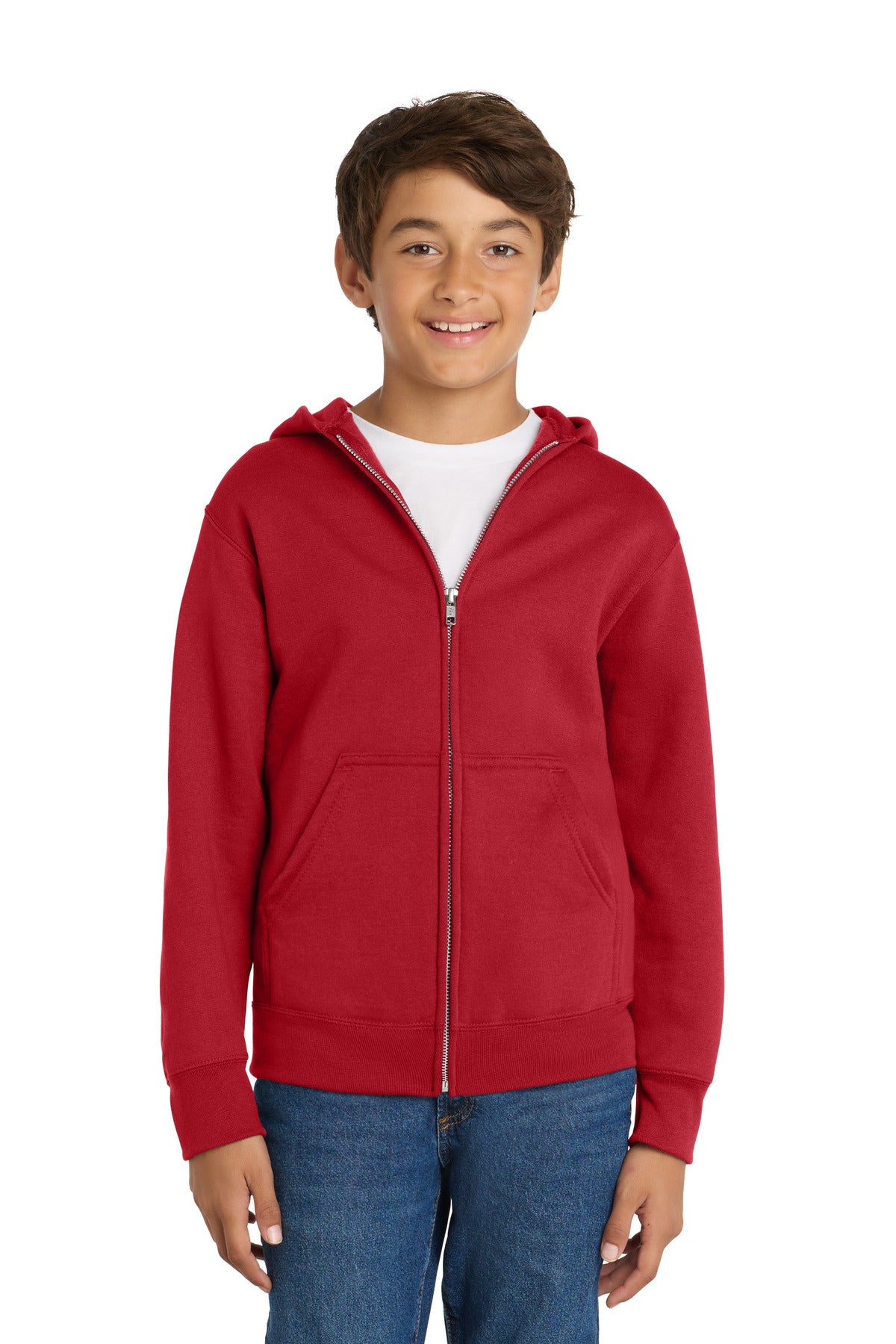 Custom logo Port & Co® Youth Core Fleece Full-Zip Hooded Sweatshirt PC78YZH in Red