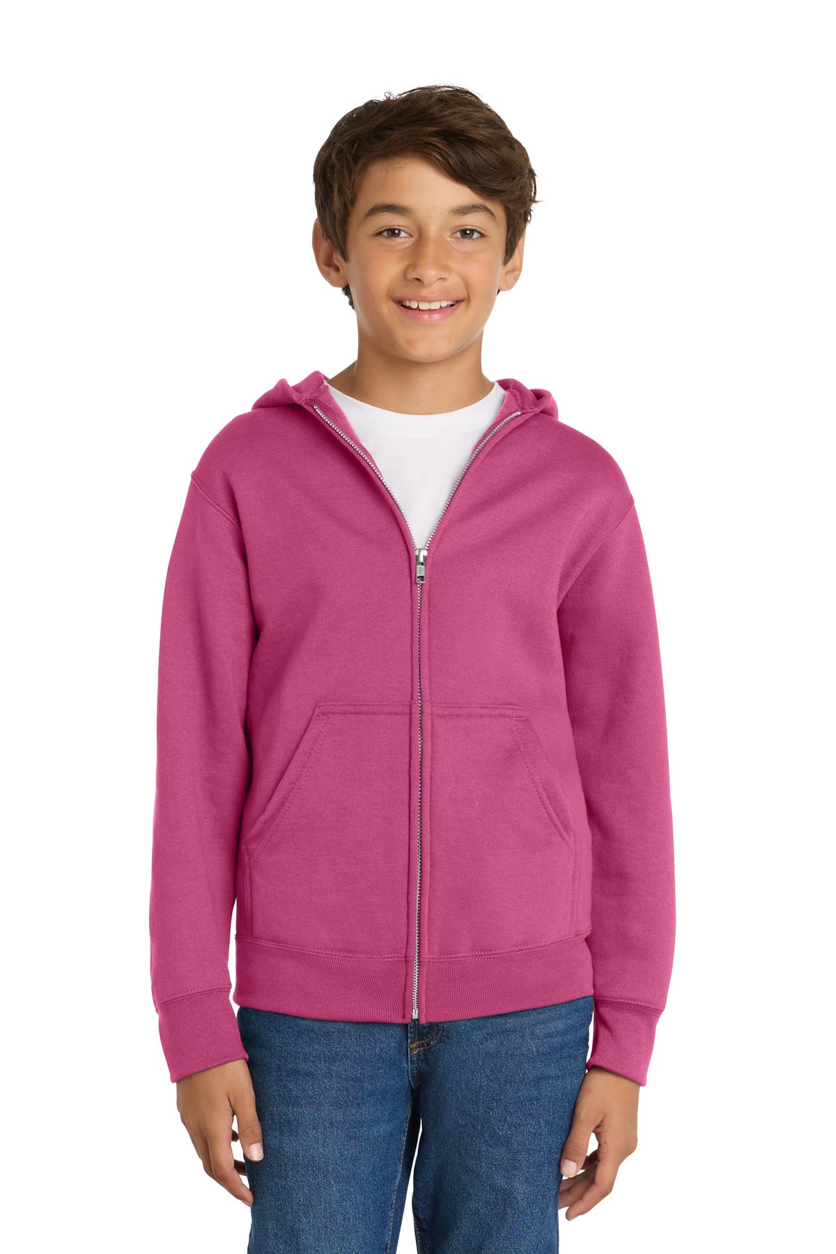 Custom logo Port & Co® Youth Core Fleece Full-Zip Hooded Sweatshirt PC78YZH in Sangria