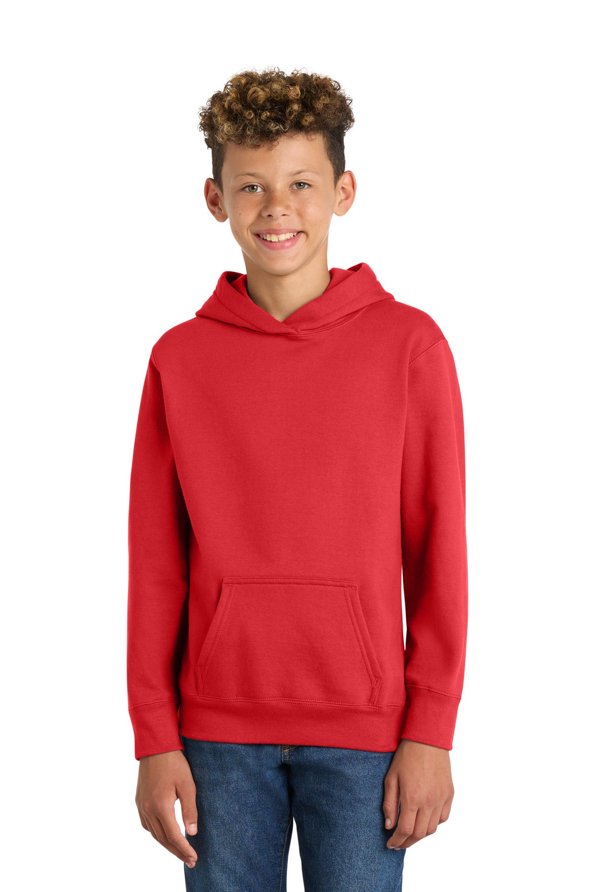 Custom logo Port & Co® Youth Fan Favorite Fleece Pullover Hooded Sweatshirt. PC850YH in Bright Red