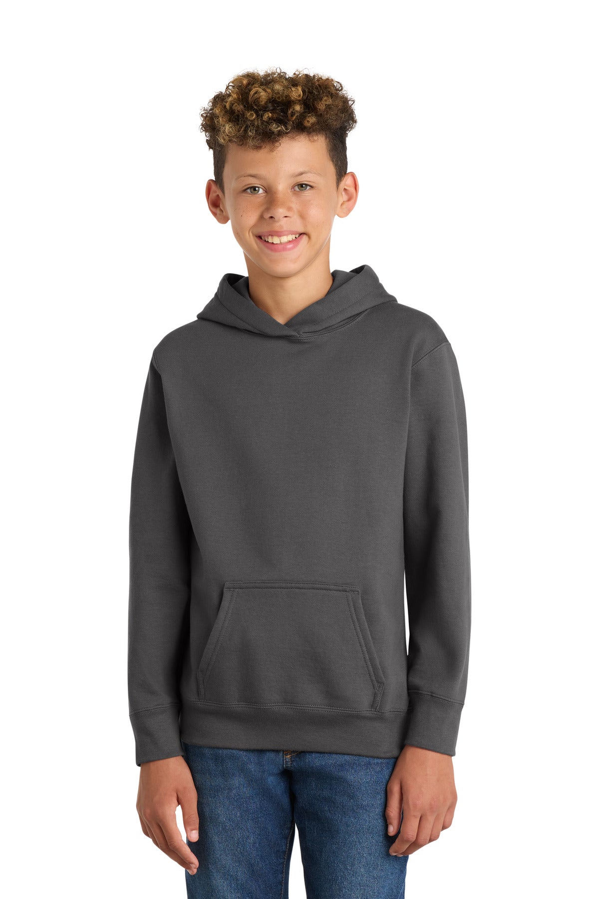 Custom logo Port & Co® Youth Fan Favorite Fleece Pullover Hooded Sweatshirt. PC850YH in Charcoal