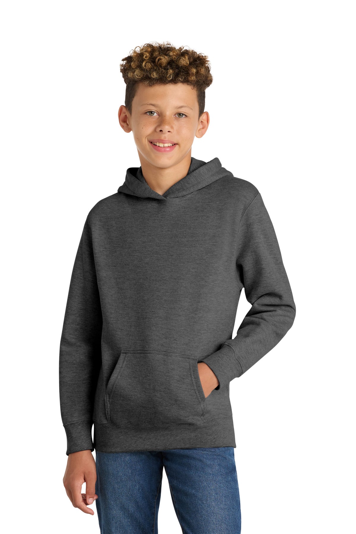 Custom logo Port & Co® Youth Fan Favorite Fleece Pullover Hooded Sweatshirt. PC850YH in Dark Heather Grey