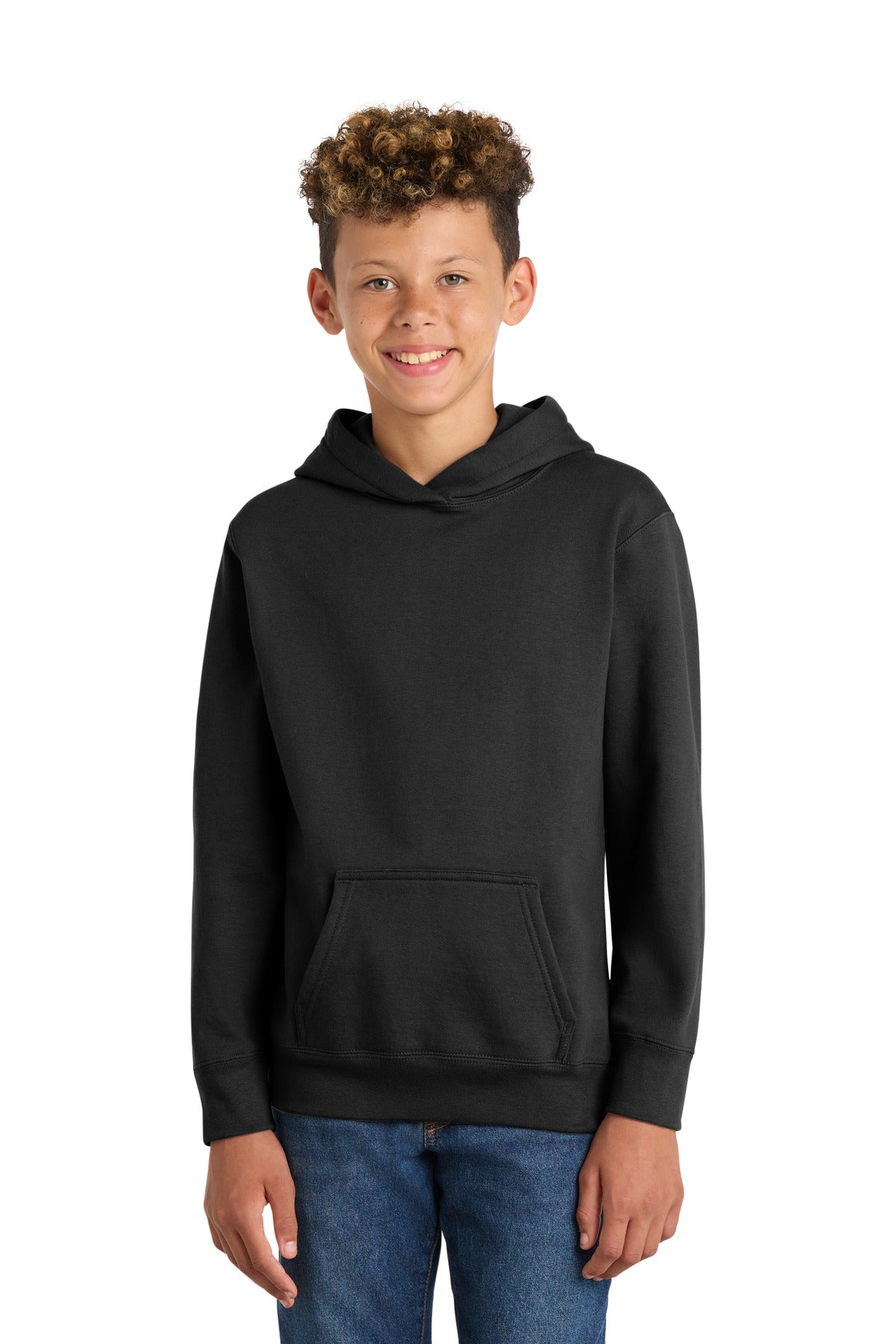 Custom logo Port & Co® Youth Fan Favorite Fleece Pullover Hooded Sweatshirt. PC850YH in Jet Black