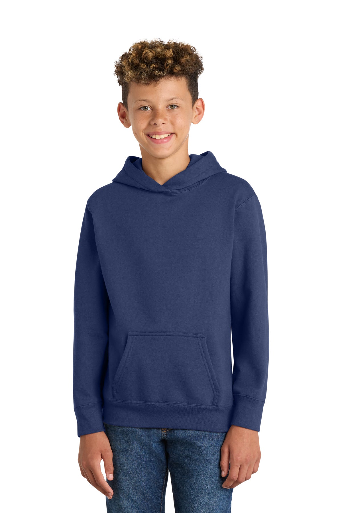 Custom logo Port & Co® Youth Fan Favorite Fleece Pullover Hooded Sweatshirt. PC850YH in Team Navy