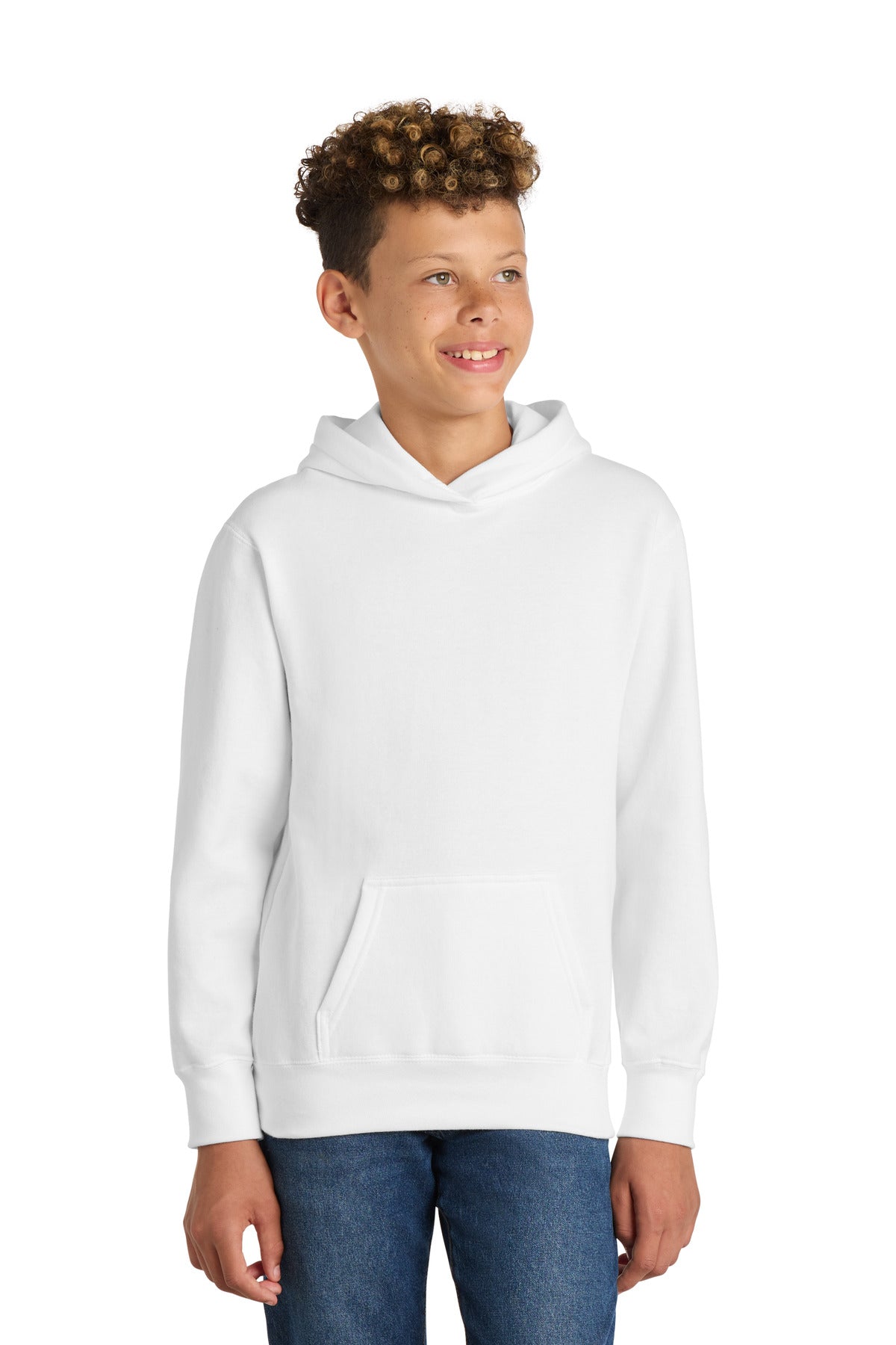 Custom logo Port & Co® Youth Fan Favorite Fleece Pullover Hooded Sweatshirt. PC850YH in White