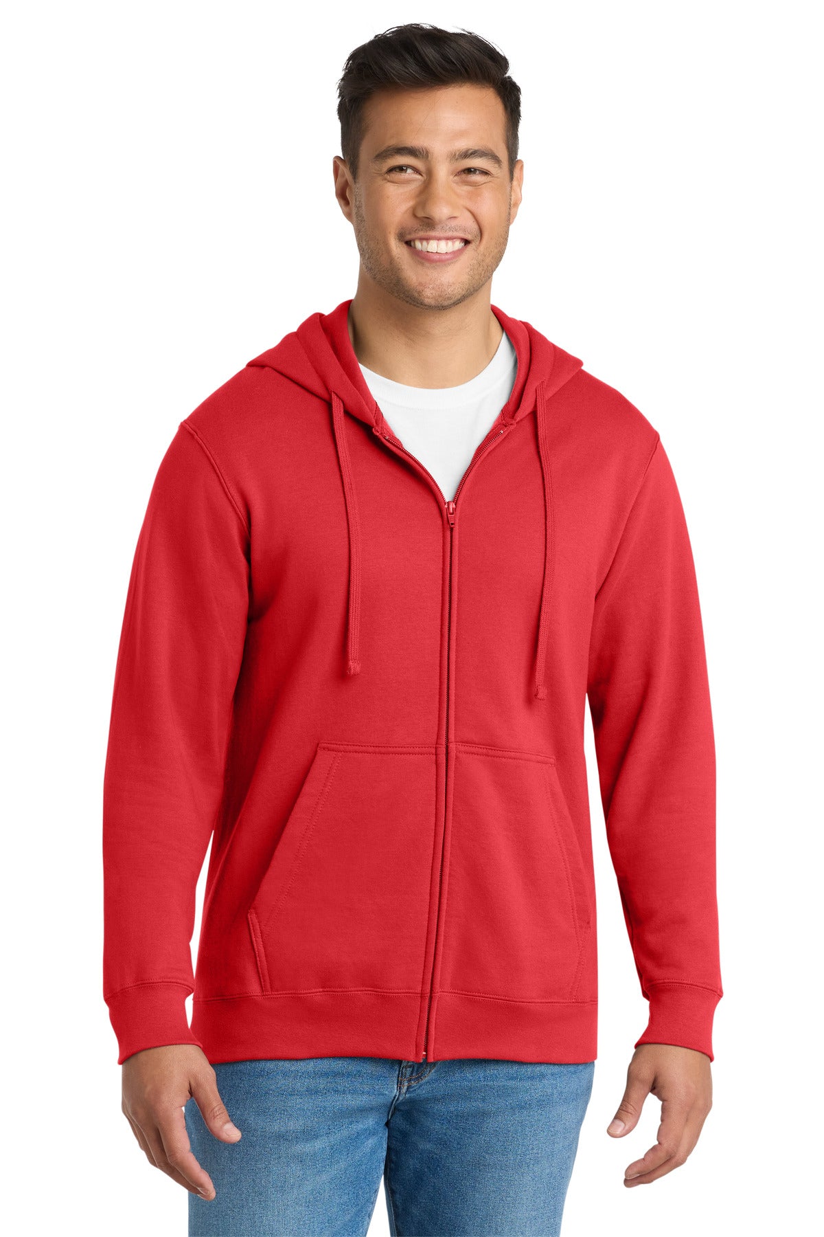 Custom logo Port & Co® Fan Favorite Fleece Full-Zip Hooded Sweatshirt. PC850ZH in Bright Red