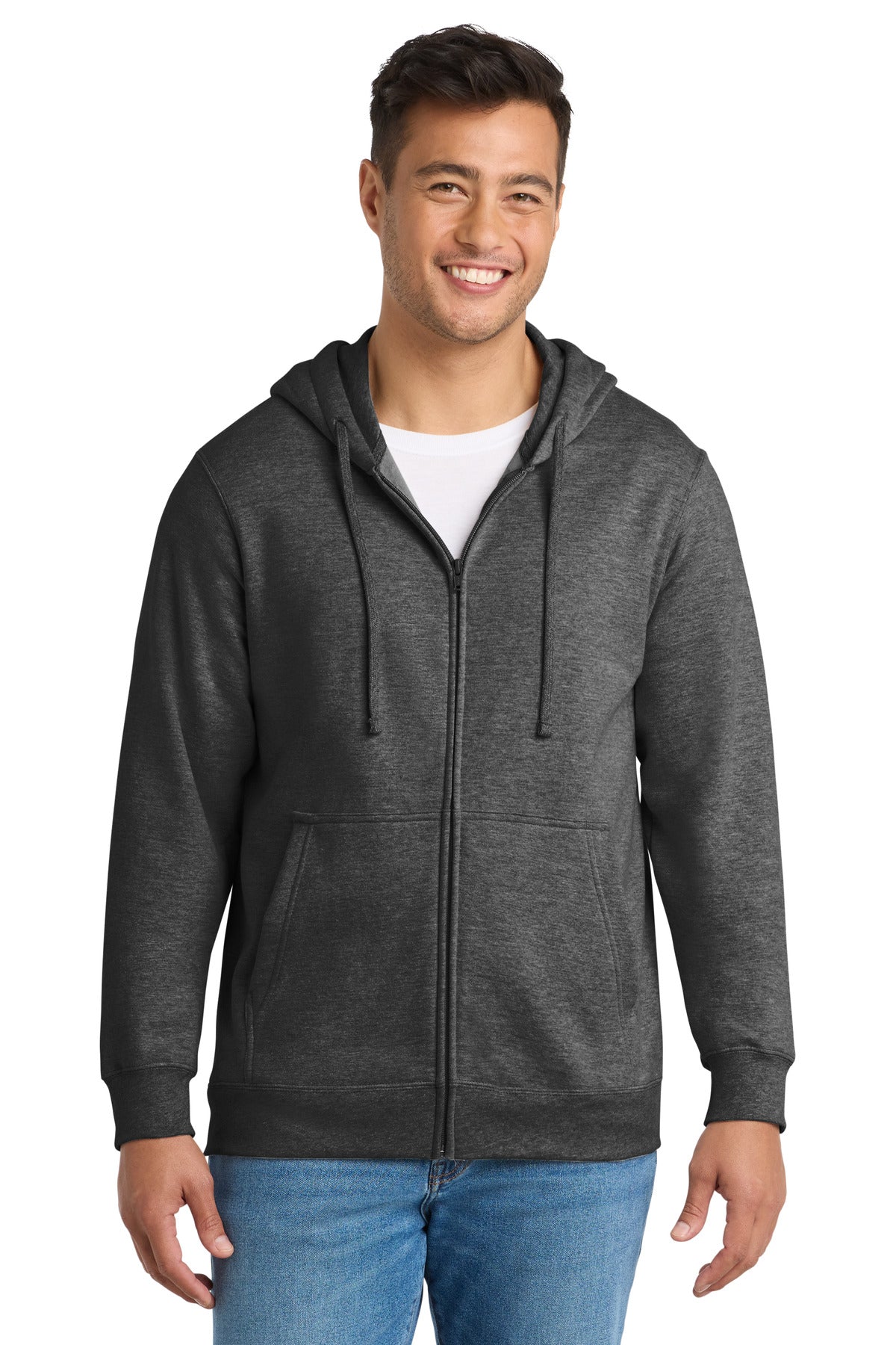 Custom logo Port & Co® Fan Favorite Fleece Full-Zip Hooded Sweatshirt. PC850ZH in Dark Heather Grey