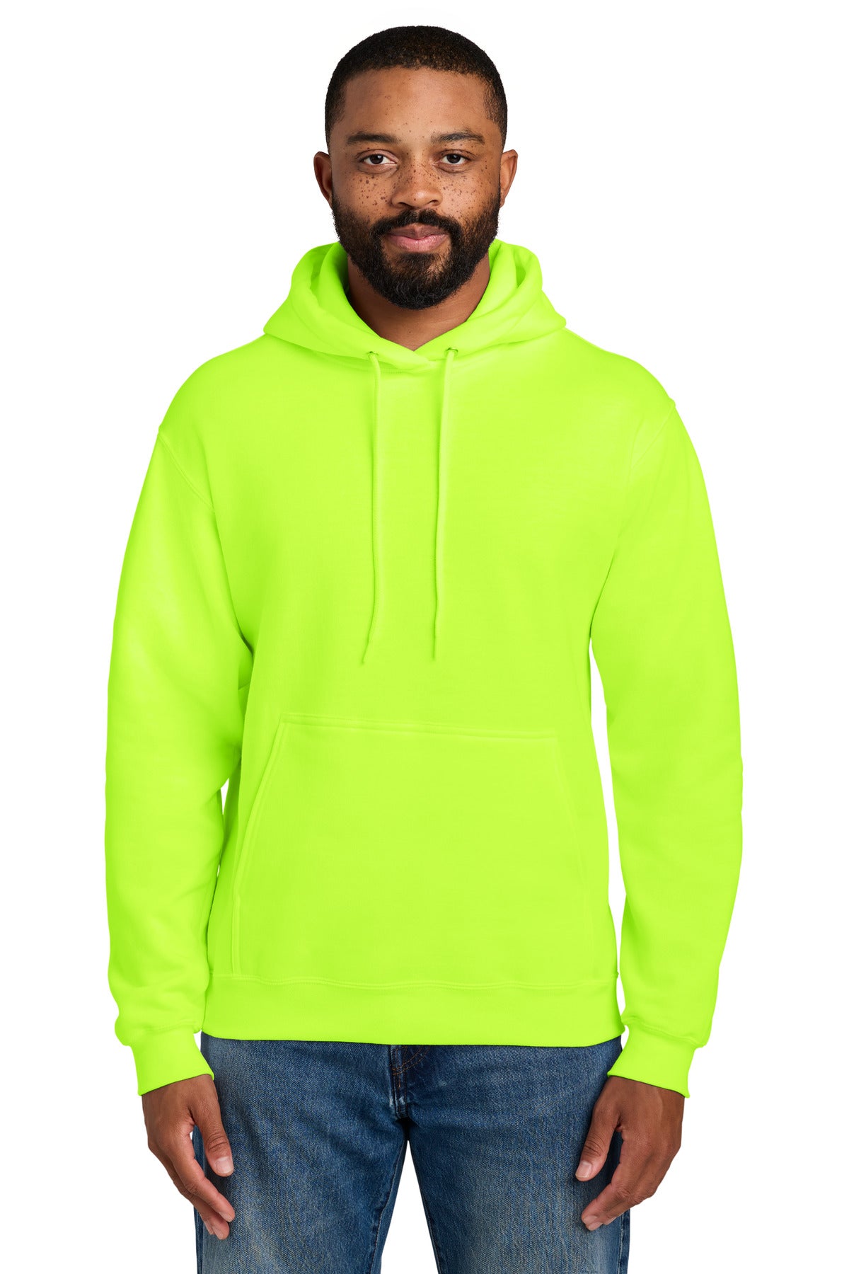 Custom logo Port & Co® Essential Fleece Pullover Hooded Sweatshirt.  PC90H in Safety Green