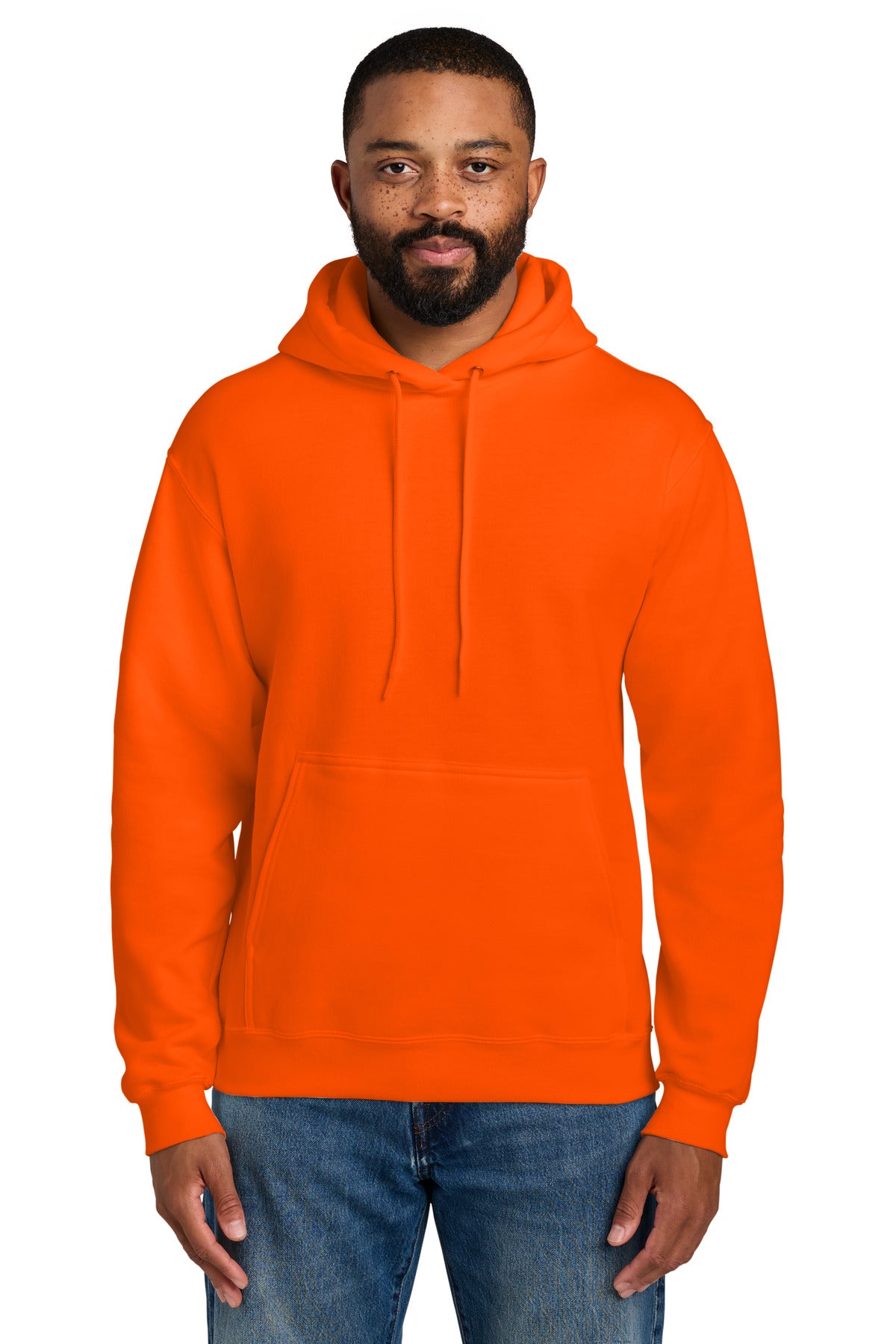 Custom logo Port & Co® Essential Fleece Pullover Hooded Sweatshirt.  PC90H in Safety Orange