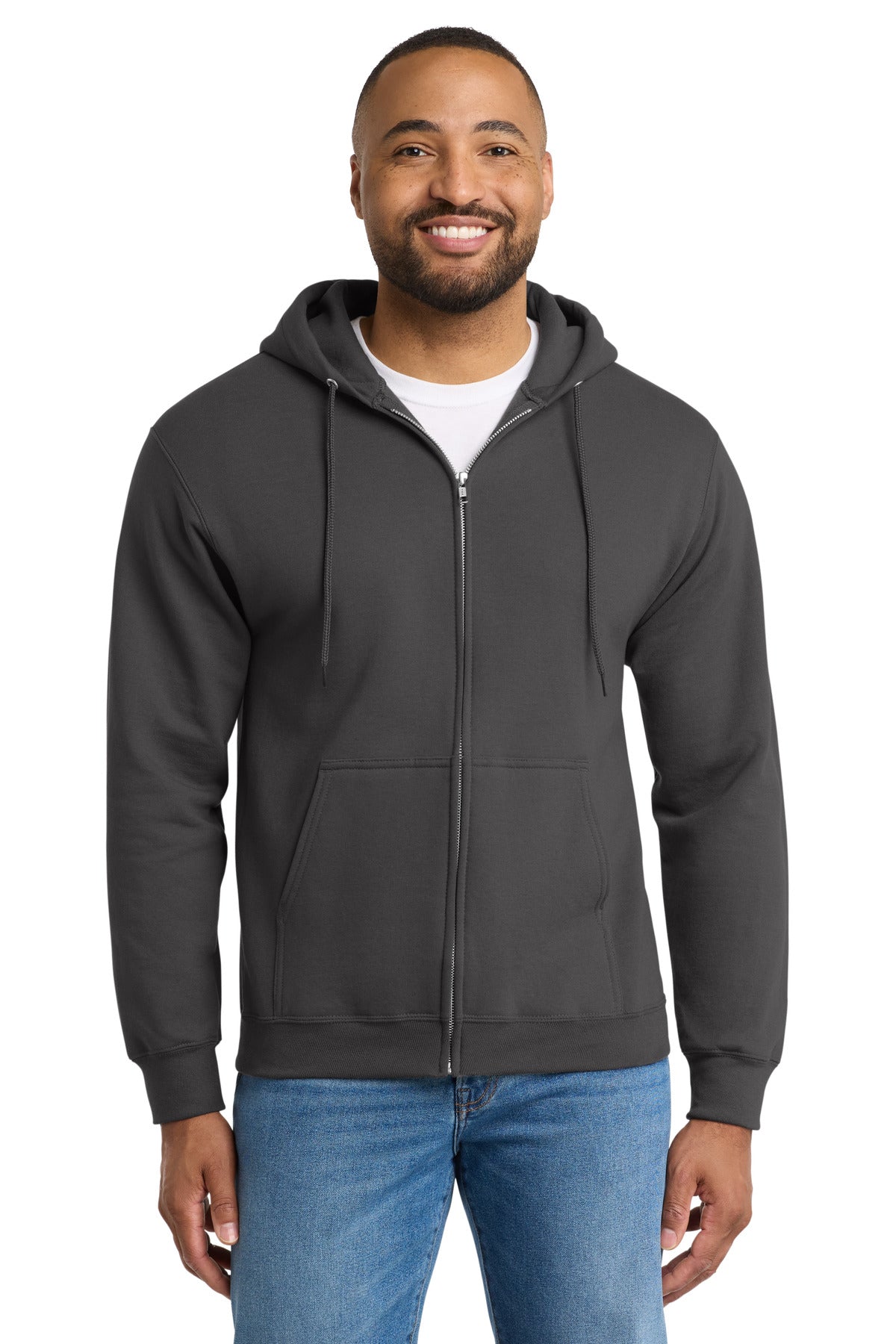 Custom logo Port & Co® Tall Essential Fleece Full-Zip Hooded Sweatshirt. PC90ZHT in Charcoal