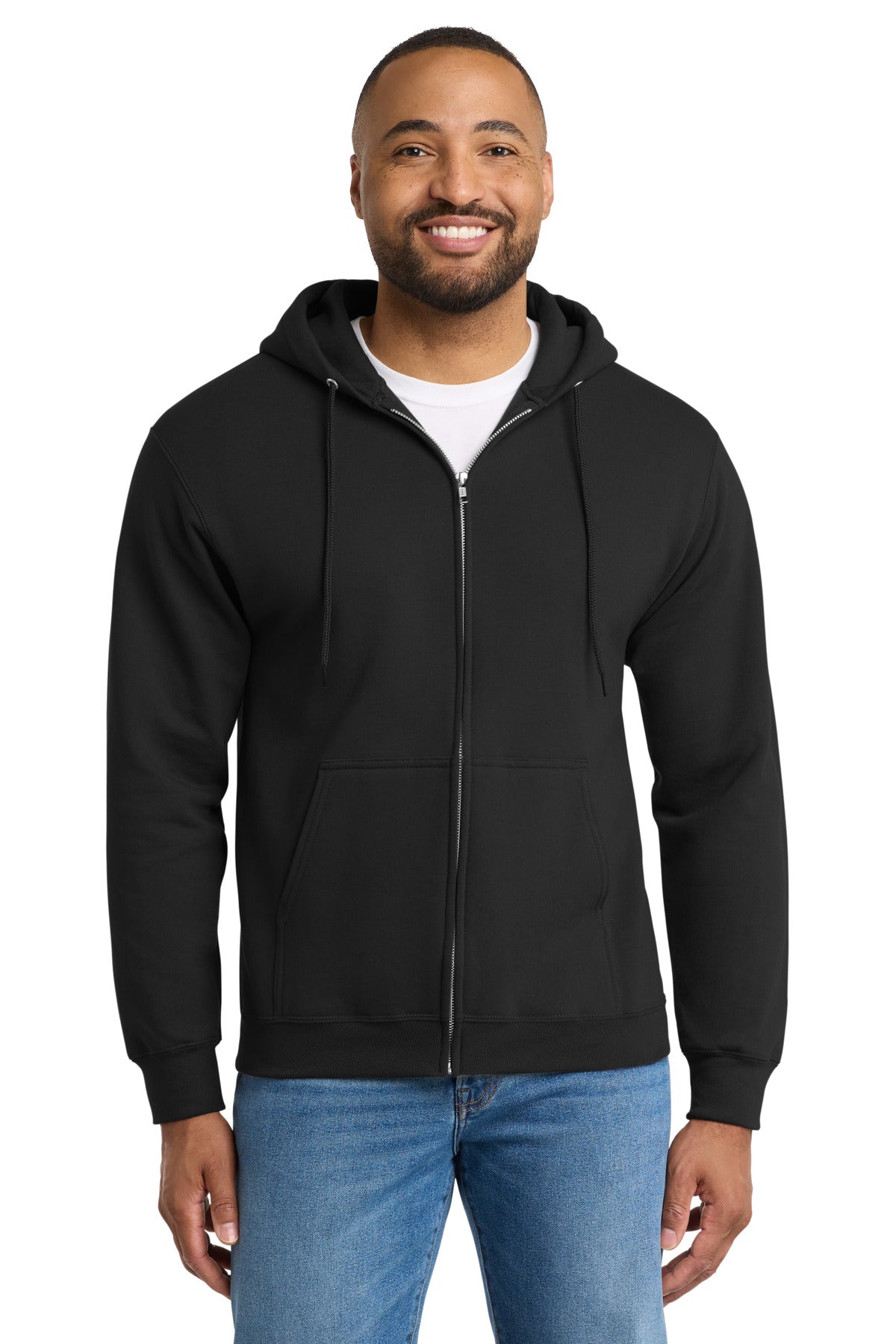 Custom logo Port & Co® Tall Essential Fleece Full-Zip Hooded Sweatshirt. PC90ZHT in Jet Black