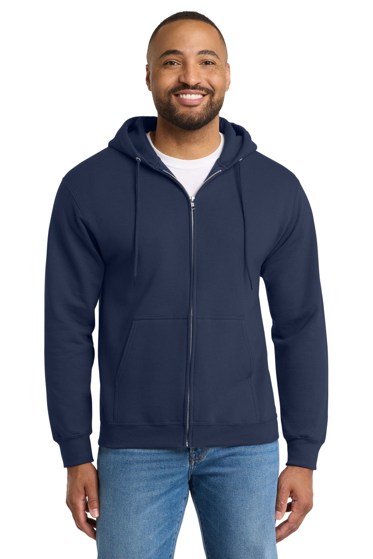 Custom logo Port & Co® Tall Essential Fleece Full-Zip Hooded Sweatshirt. PC90ZHT in Navy