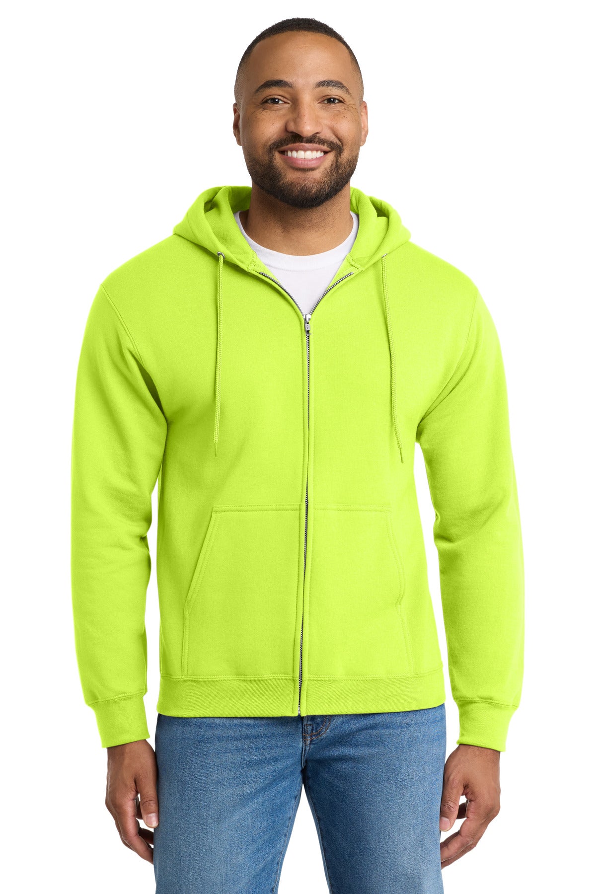 Custom logo Port & Co® Tall Essential Fleece Full-Zip Hooded Sweatshirt. PC90ZHT in Safety Green
