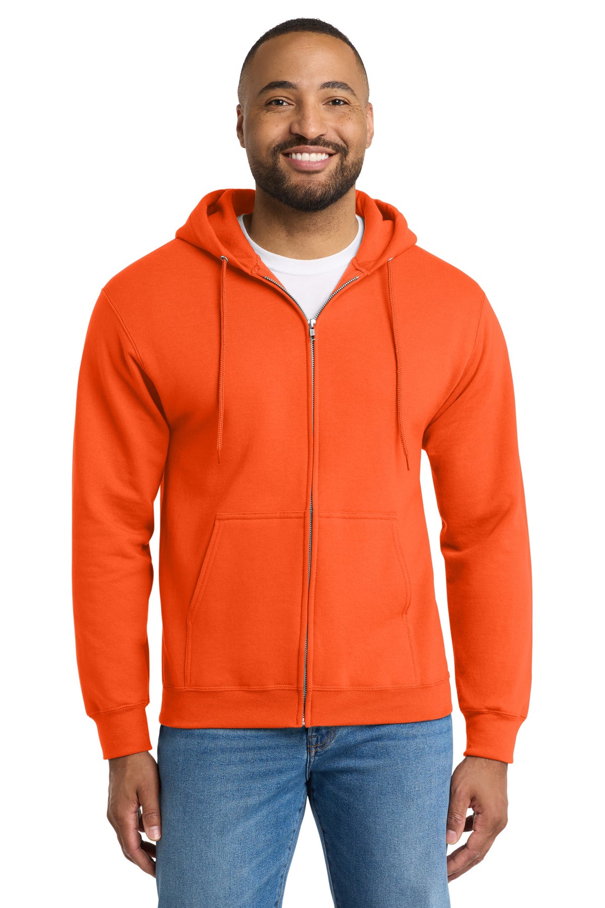 Custom logo Port & Co® Tall Essential Fleece Full-Zip Hooded Sweatshirt. PC90ZHT in Safety Orange