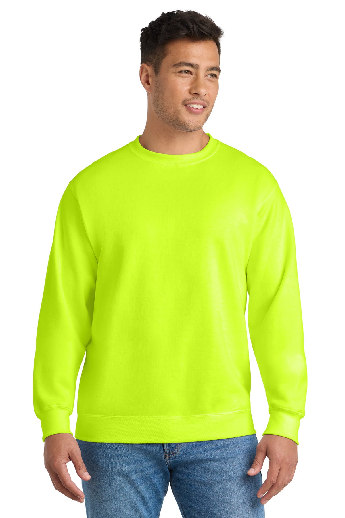 Custom logo Port & Co® Essential Fleece Crewneck Sweatshirt.  PC90 in Safety Green