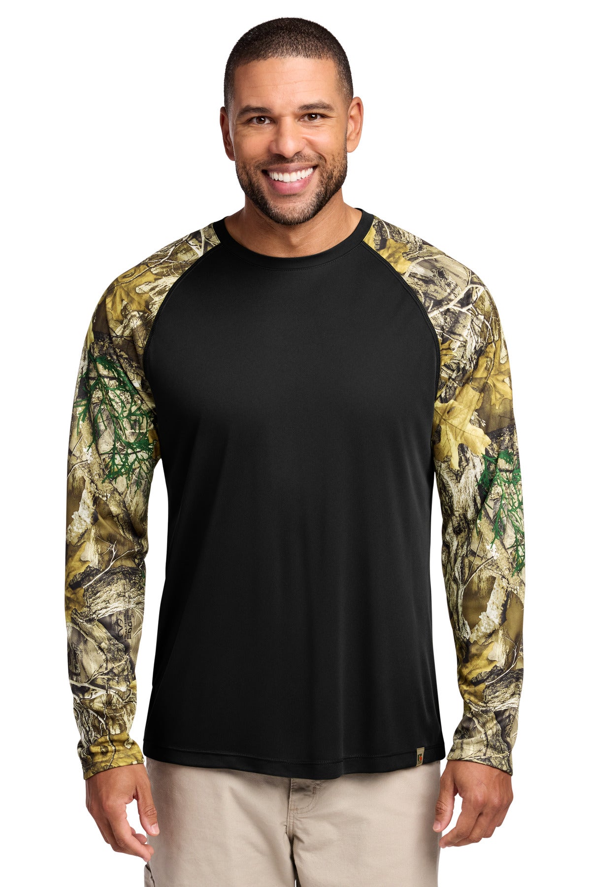 Custom logo Russell Outdoors™ Realtree® Colorblock Performance Long Sleeve Tee RU151LS in Black/ Realtree Edge