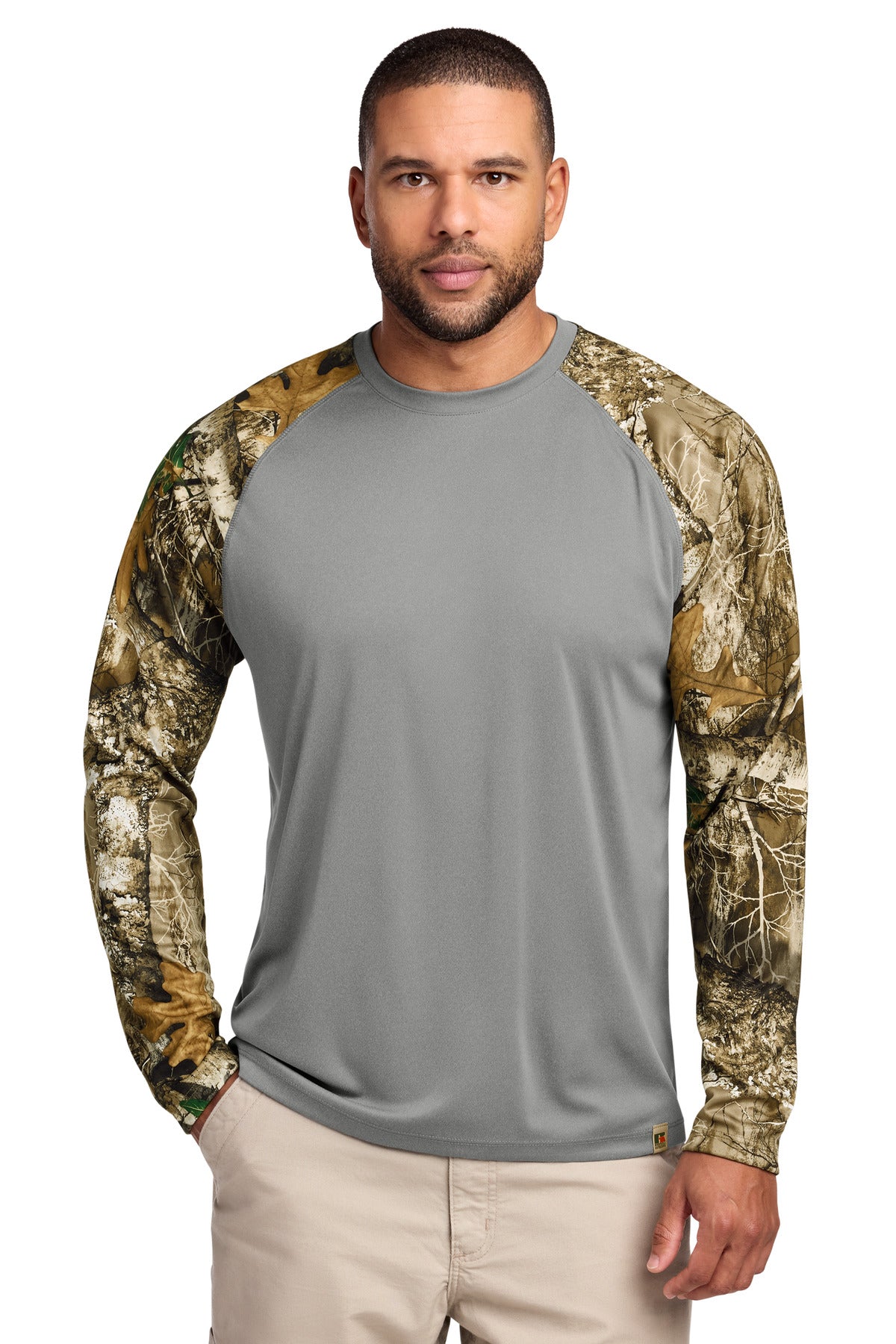 Custom logo Russell Outdoors™ Realtree® Colorblock Performance Long Sleeve Tee RU151LS in Grey Concrete Heather/ Realtree Edge