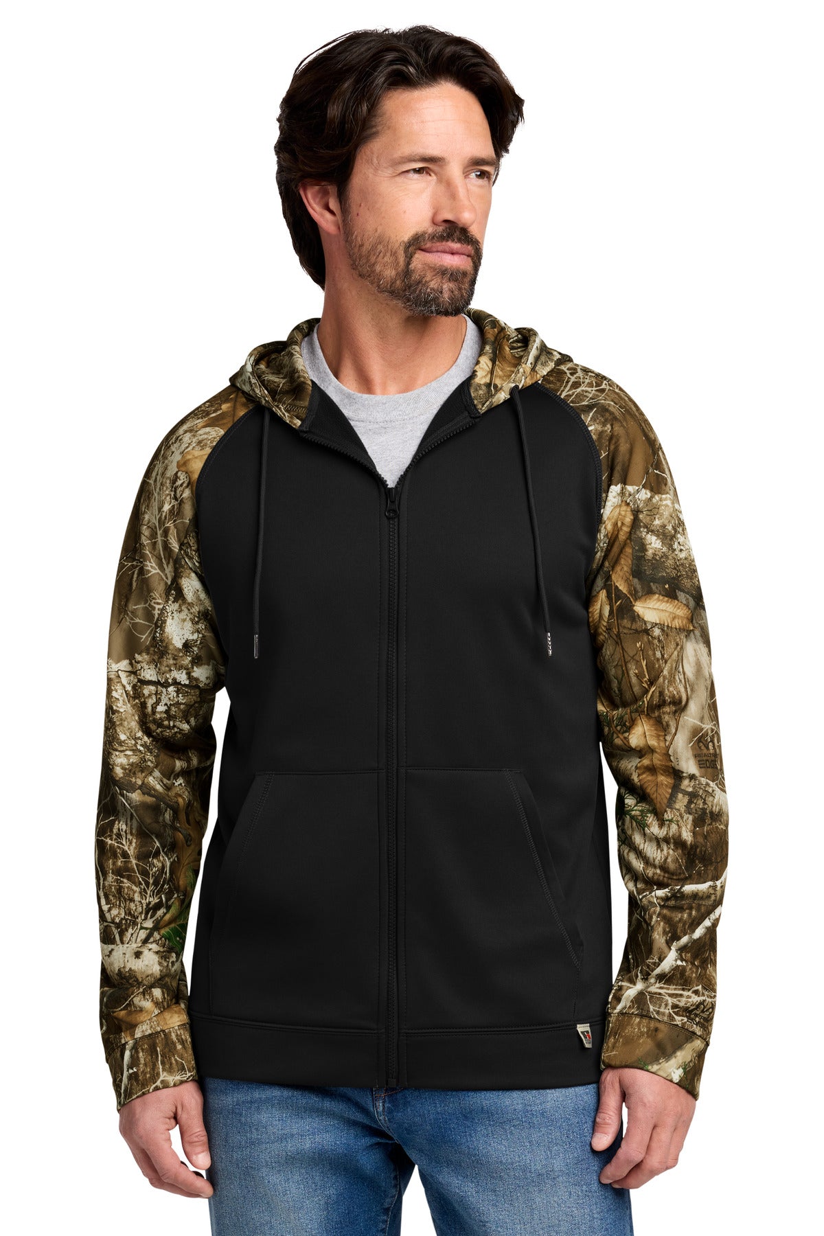 Custom logo Russell Outdoors™ Realtree® Performance Colorblock Full-Zip Hoodie RU452 in Black/ Realtree Edge