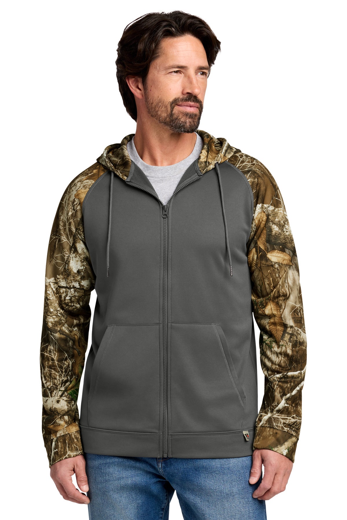Custom logo Russell Outdoors™ Realtree® Performance Colorblock Full-Zip Hoodie RU452 in Magnet/ Realtree Edge