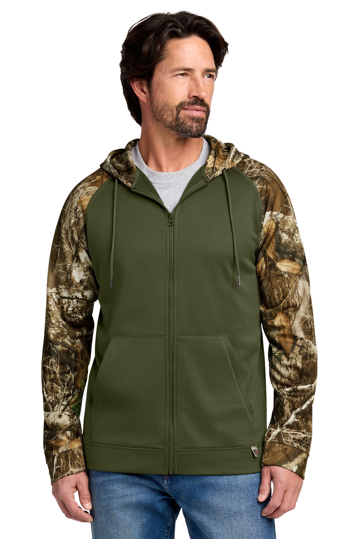 Custom logo Russell Outdoors™ Realtree® Performance Colorblock Full-Zip Hoodie RU452 in Olive Drab Green/ Realtree Edge