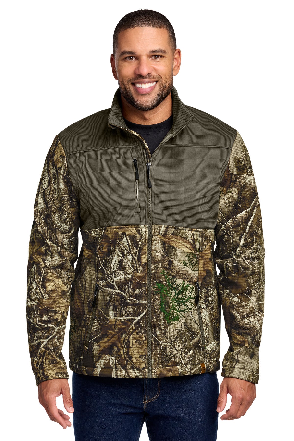 Custom logo Russell Outdoors™ Realtree® Atlas Colorblock Soft Shell RU601 in Cargo Brown/ Realtree Edge